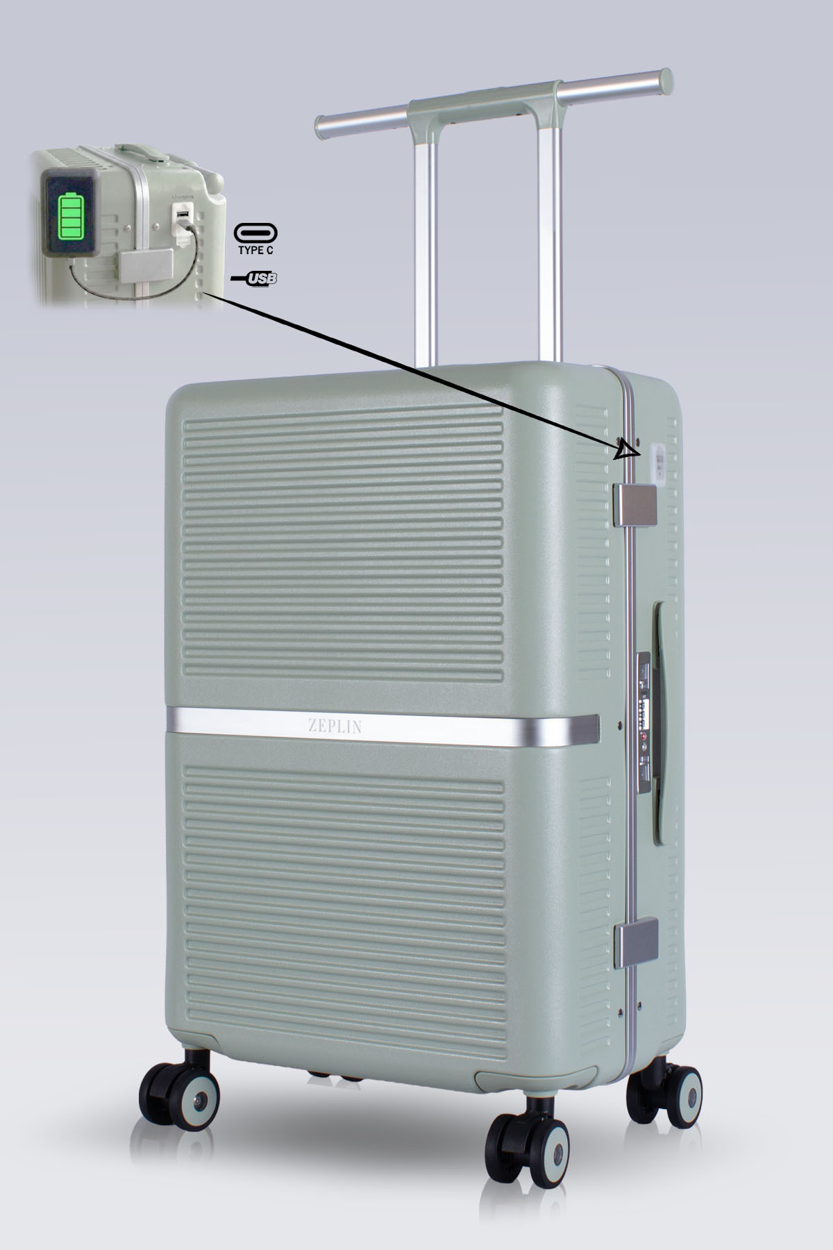 Nora PC Polycarbonate USB & Type-C Medium Suitcase with Charging Port Green