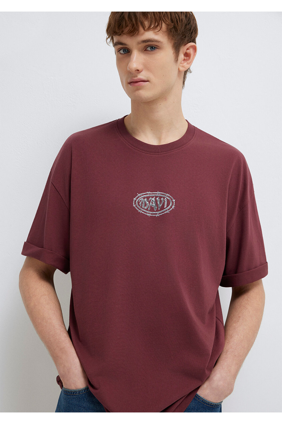 Mavi  Baskılı Bordo Tişört Oversize / Geniş Kesim 0613211-70396 - Görsel 2