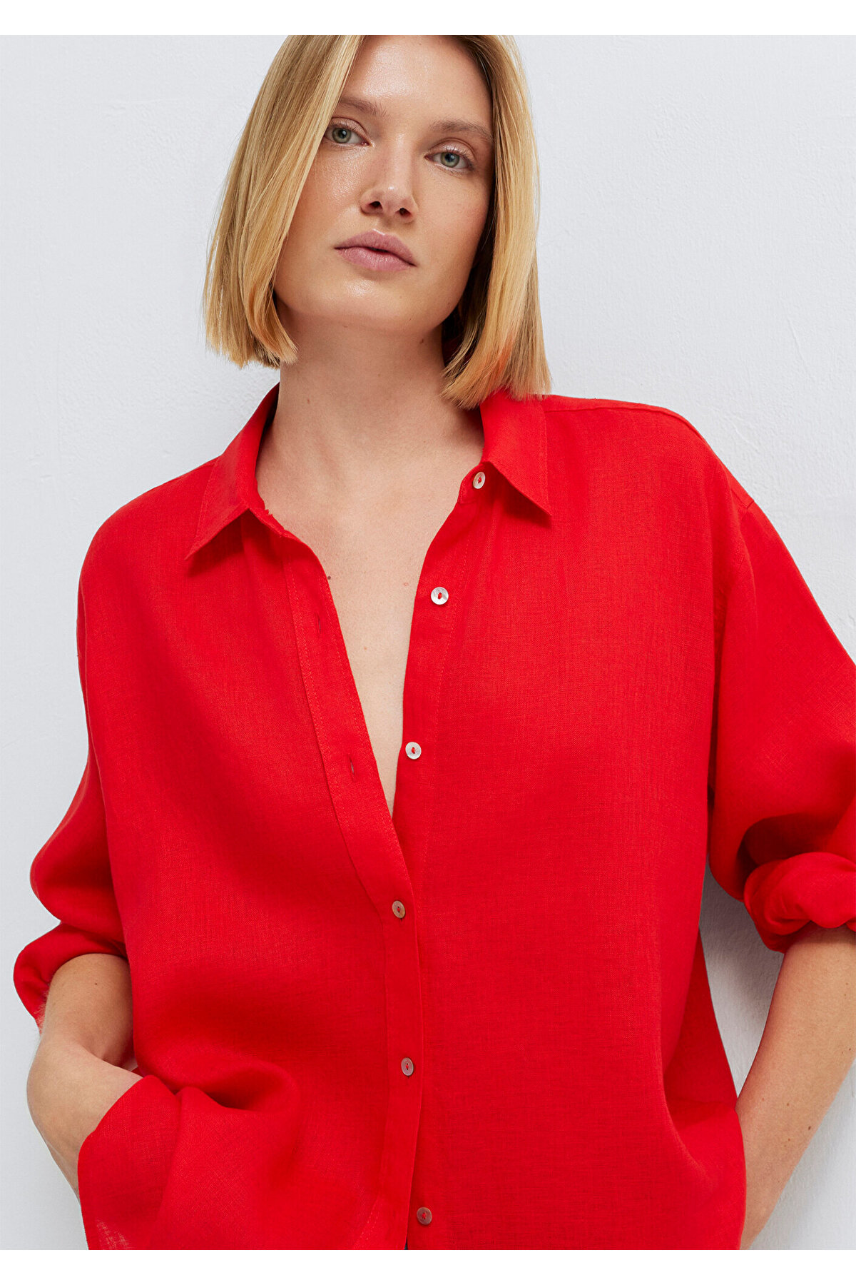 Mavi  Kırmızı Keten Gömlek Loose Fit / Bol Rahat Kesim 1210747-70474 - Görsel 2