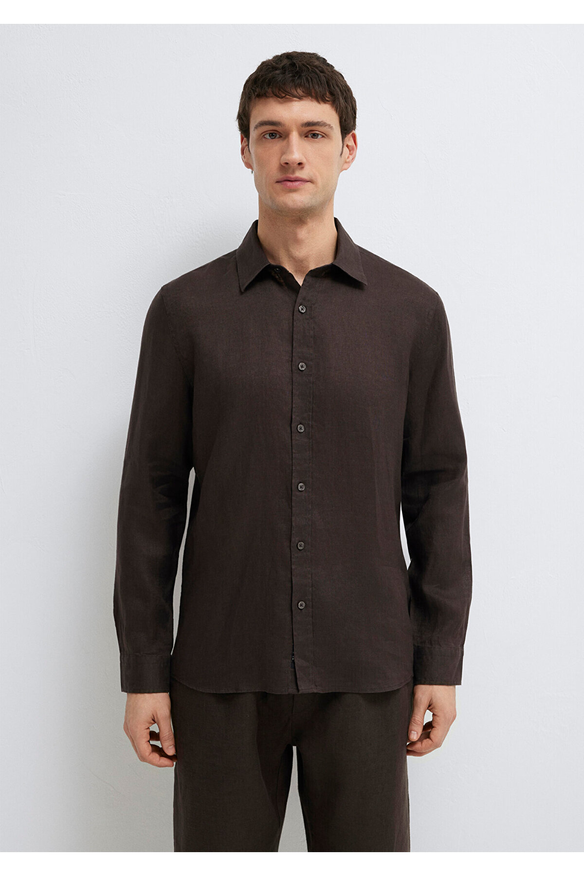 Mavi  Kahverengi Keten Karışımlı Gömlek Slim Fit / Dar Kesim 0211466-70219 - Görsel 4