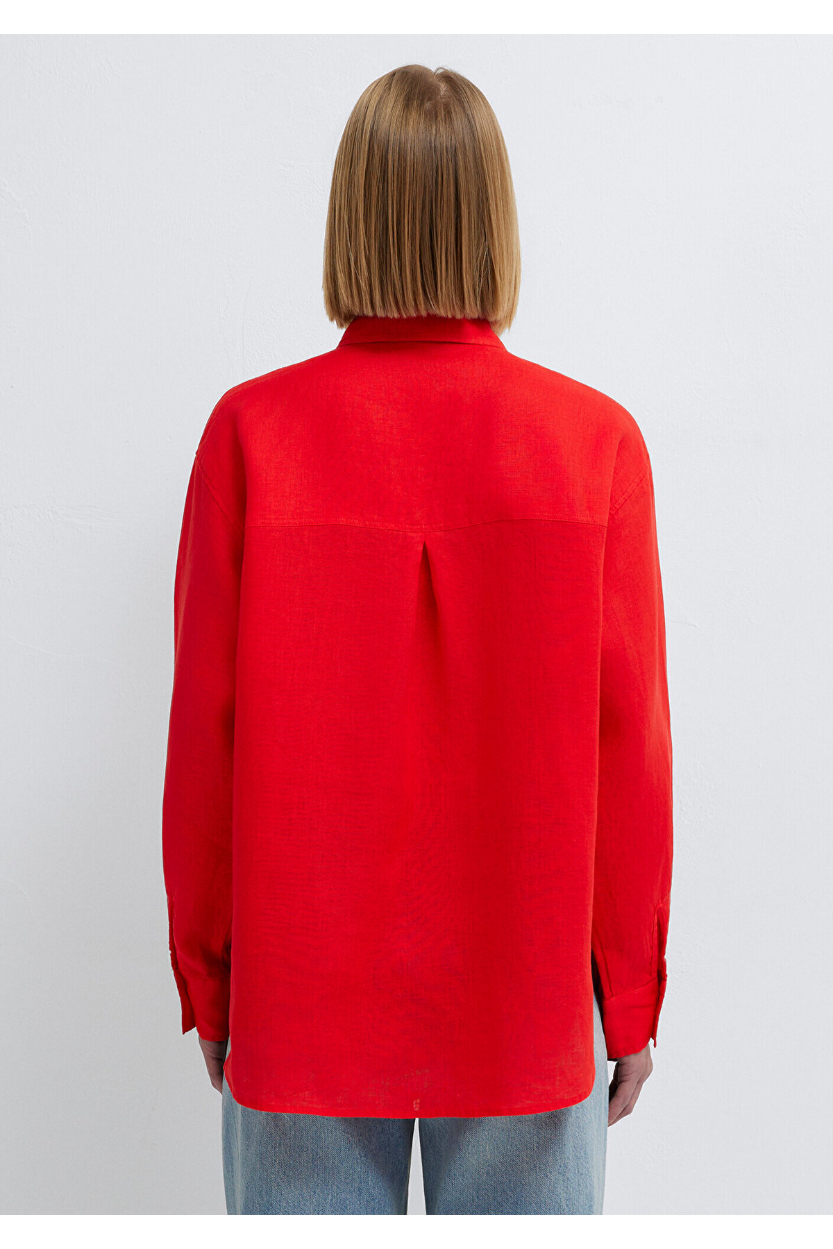 Mavi  Kırmızı Keten Gömlek Loose Fit / Bol Rahat Kesim 1210747-70474 - Görsel 7