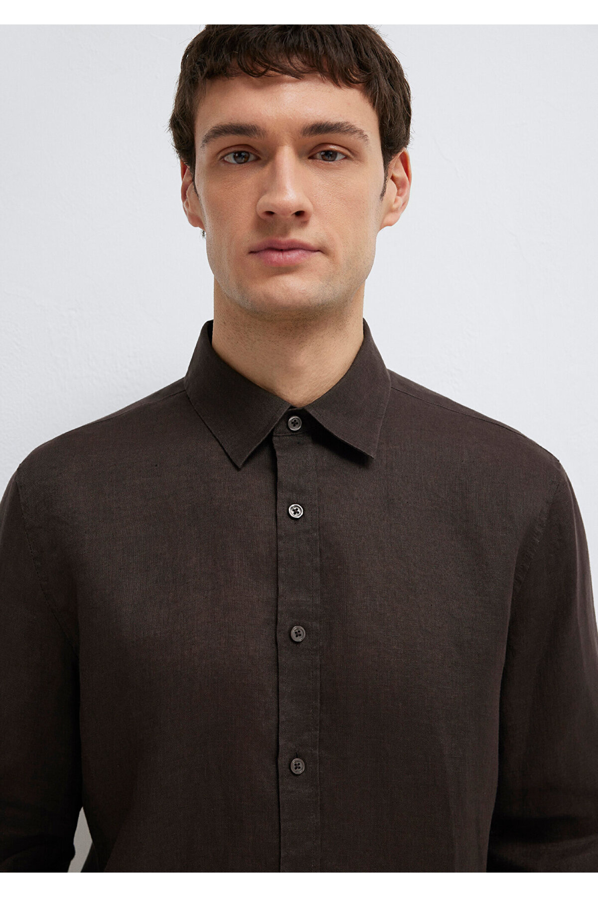 Mavi  Kahverengi Keten Karışımlı Gömlek Slim Fit / Dar Kesim 0211466-70219 - Görsel 7