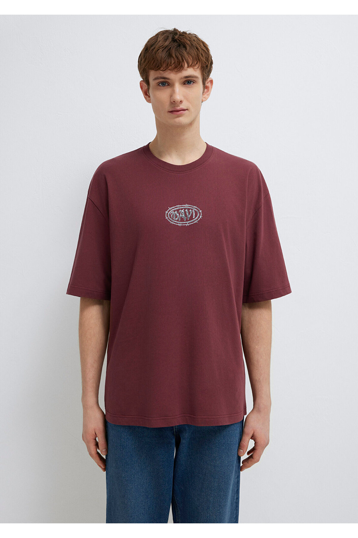 Mavi  Baskılı Bordo Tişört Oversize / Geniş Kesim 0613211-70396 - Görsel 3