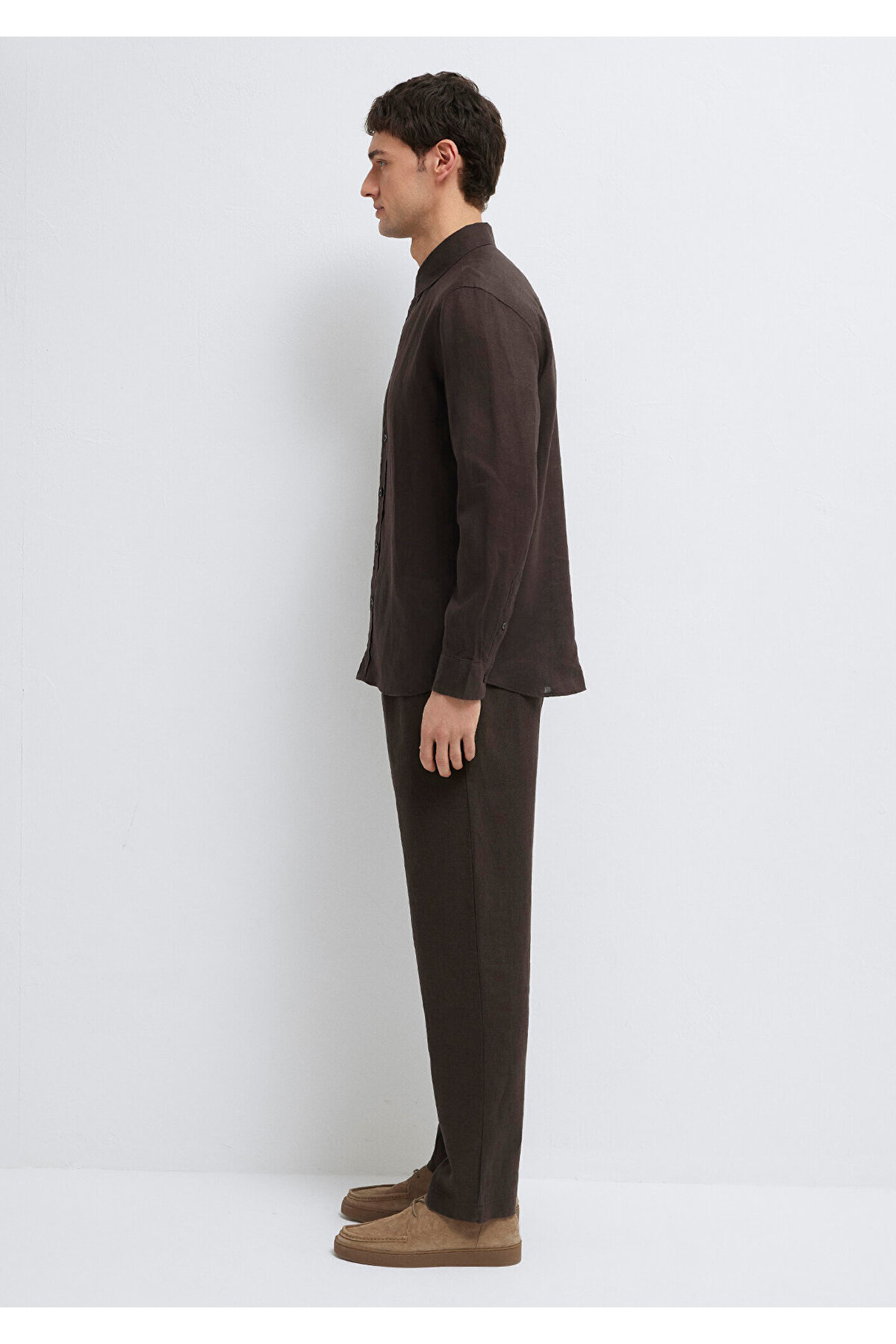 Mavi  Kahverengi Keten Karışımlı Gömlek Slim Fit / Dar Kesim 0211466-70219 - Görsel 5