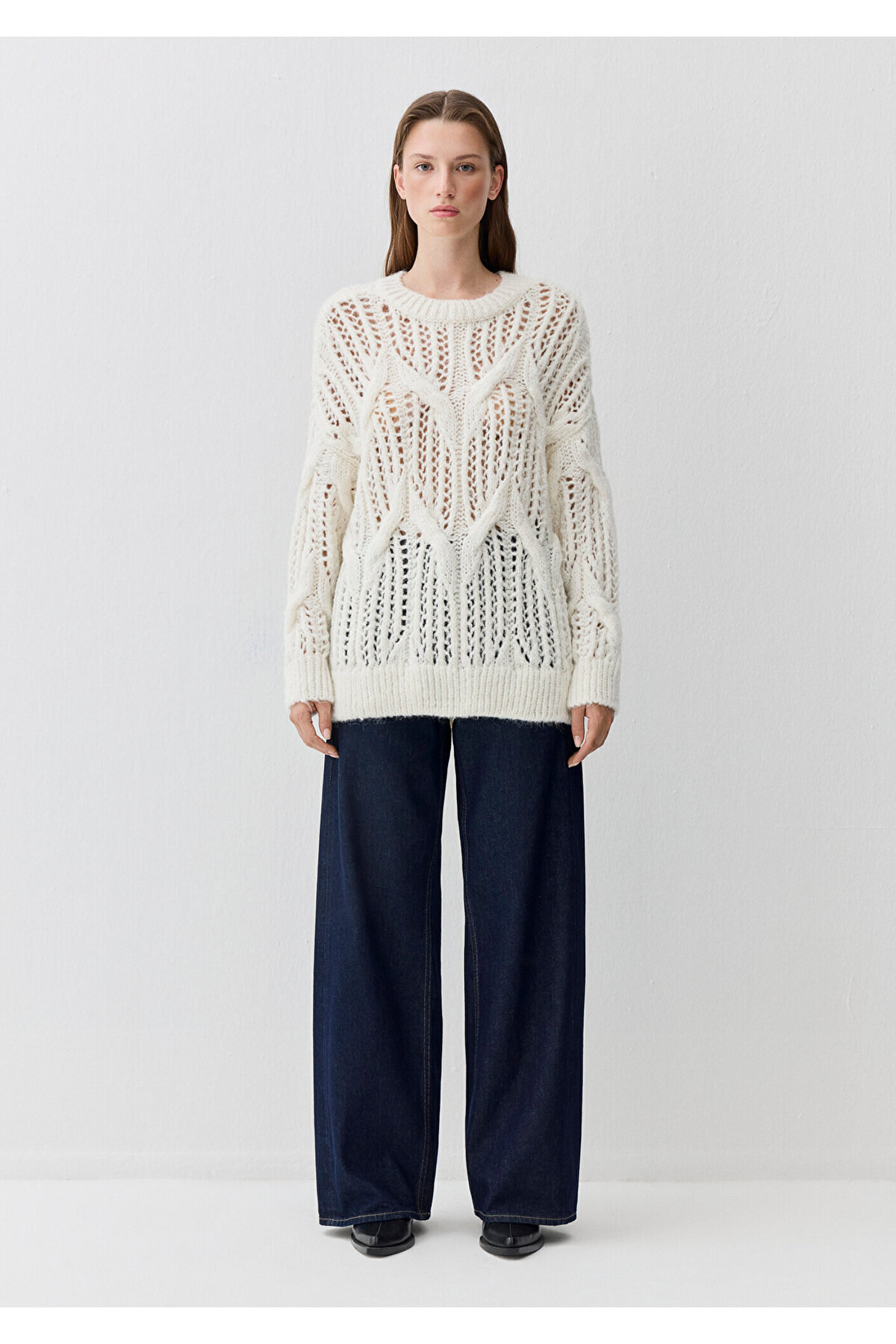 Mavi  Yün Karışımlı Ekru Kazak Oversize / Geniş Kesim 1710828-70057 - Görsel 3