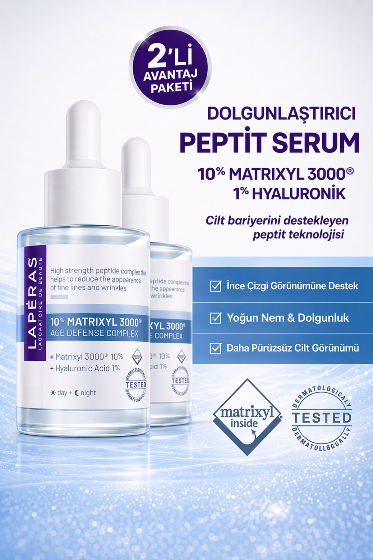 LAPÉRAS 10% Peptide Matrixyl 3000® 1% Hyaluronic Vegan Peptit Serum 2'li Paket | Dolgunlaştırıcı Nemlendirici Bakım — LPS.PKT.026