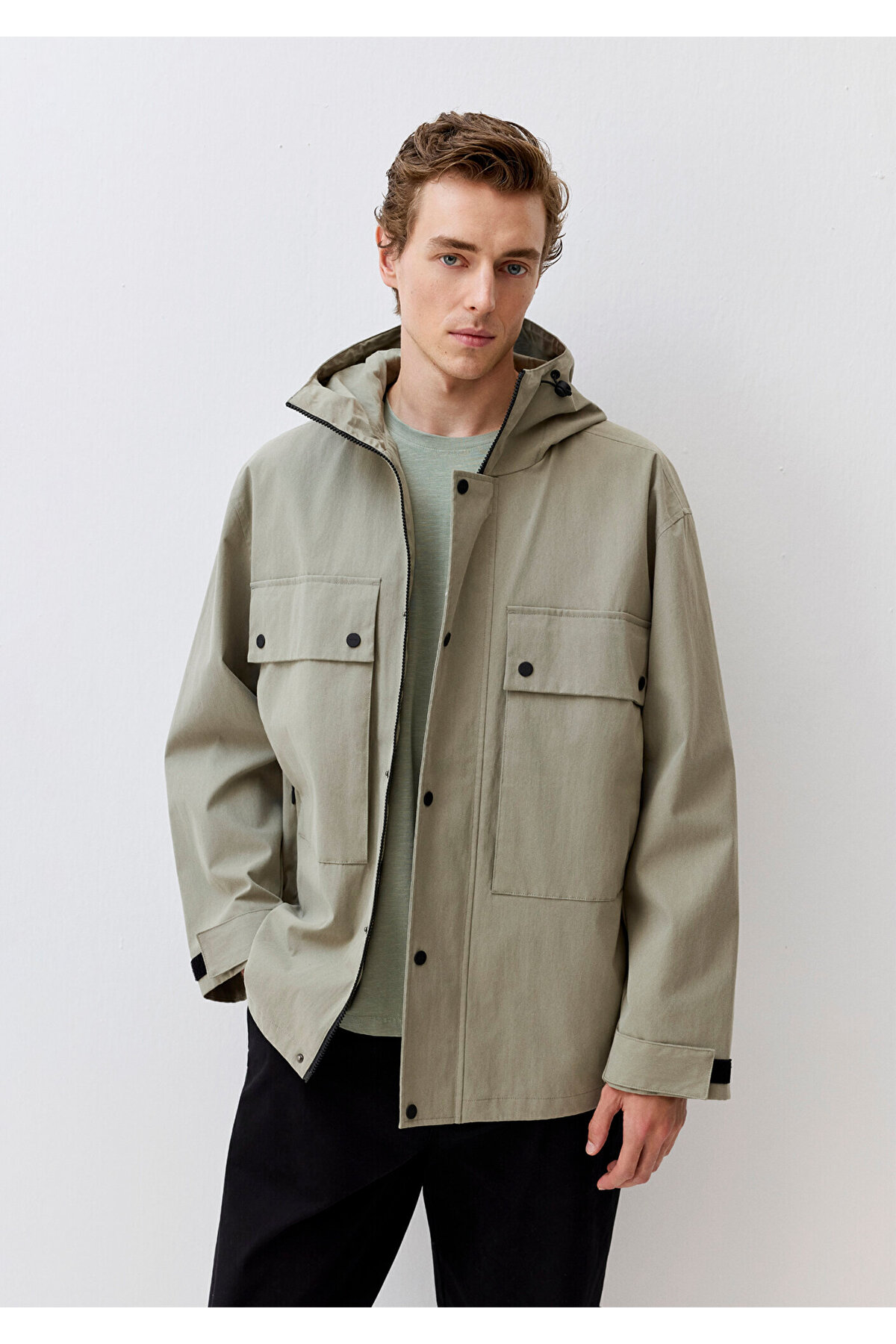 Mavi  Kapüşonlu Yeşil Ceket Oversize / Geniş Kesim 0110365-71484