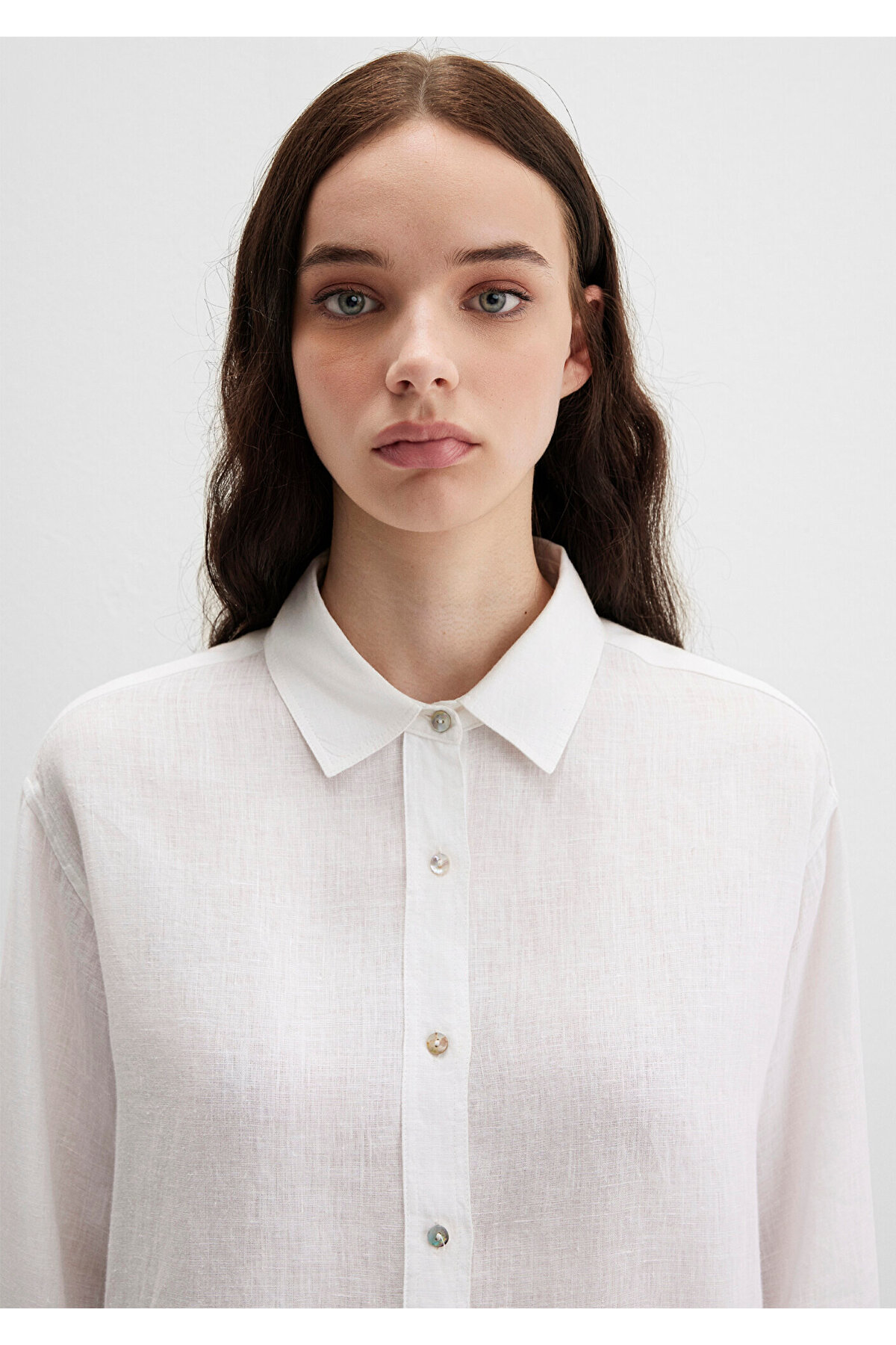 Mavi  Beyaz Keten Gömlek Loose Fit / Bol Rahat Kesim 1210747-620 - Görsel 5