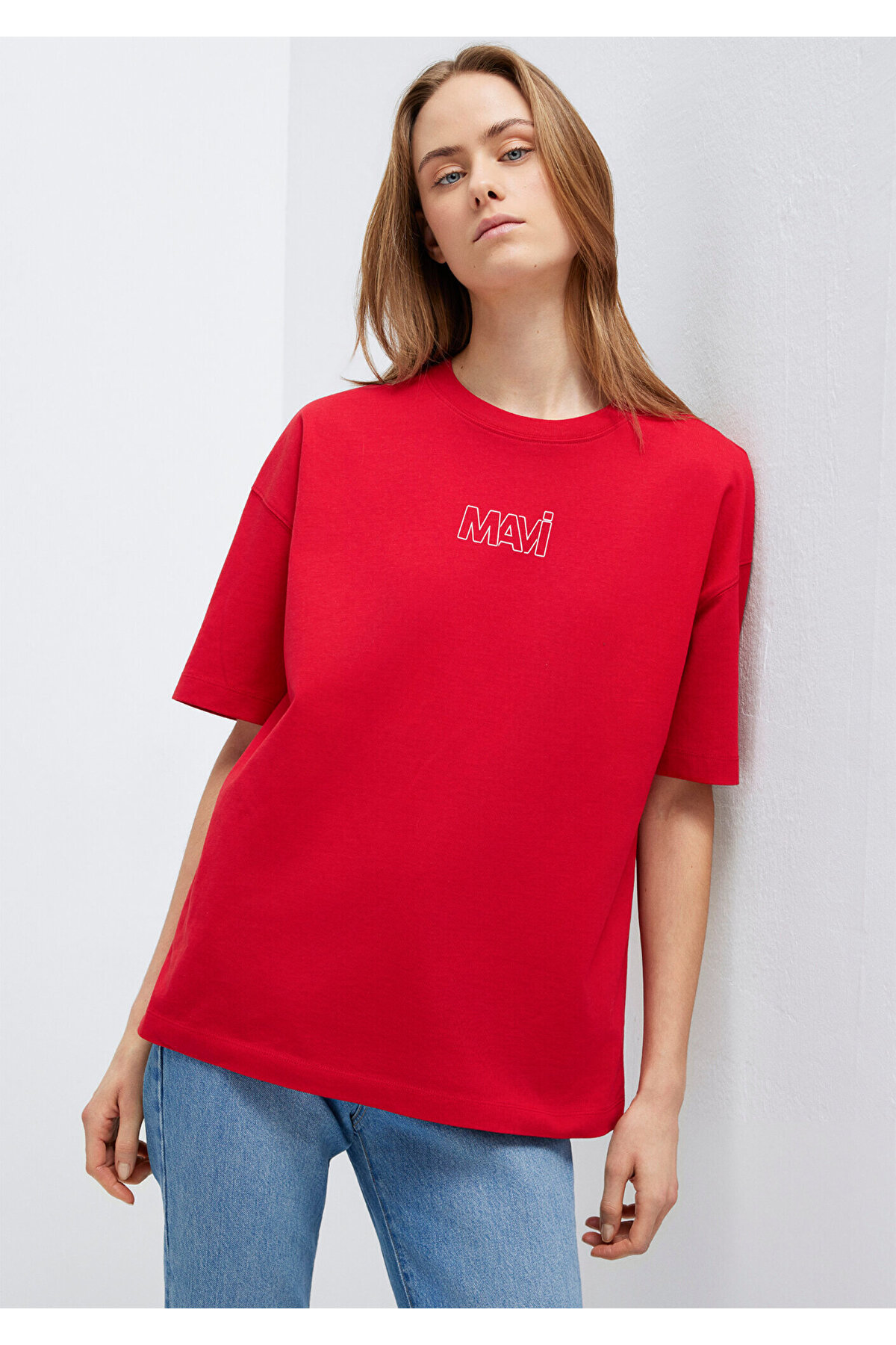 Mavi  Logo Baskılı Kırmızı Tişört Oversize / Geniş Kesim 1611592-82054 - Görsel 2