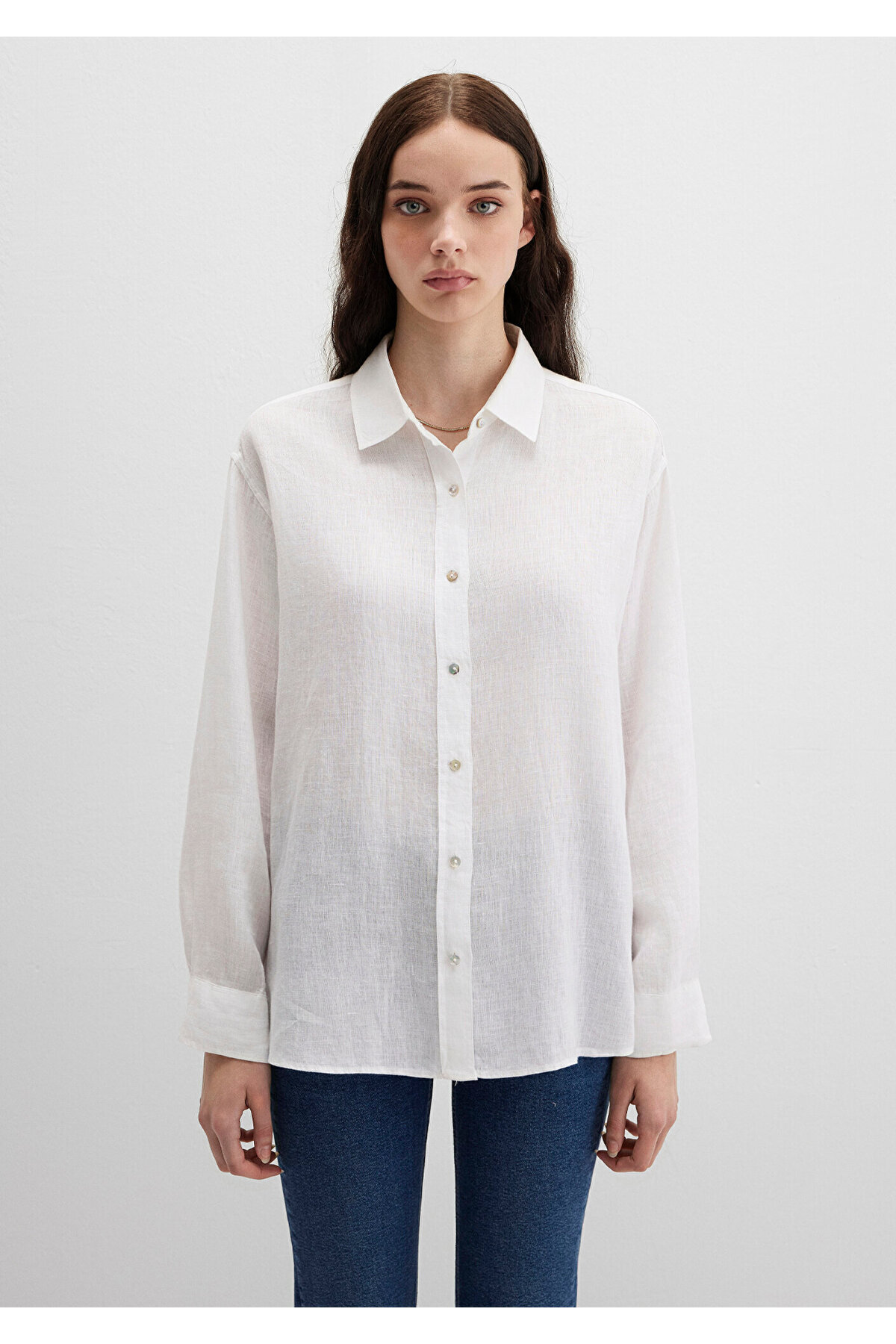 Mavi  Beyaz Keten Gömlek Loose Fit / Bol Rahat Kesim 1210747-620 - Görsel 3