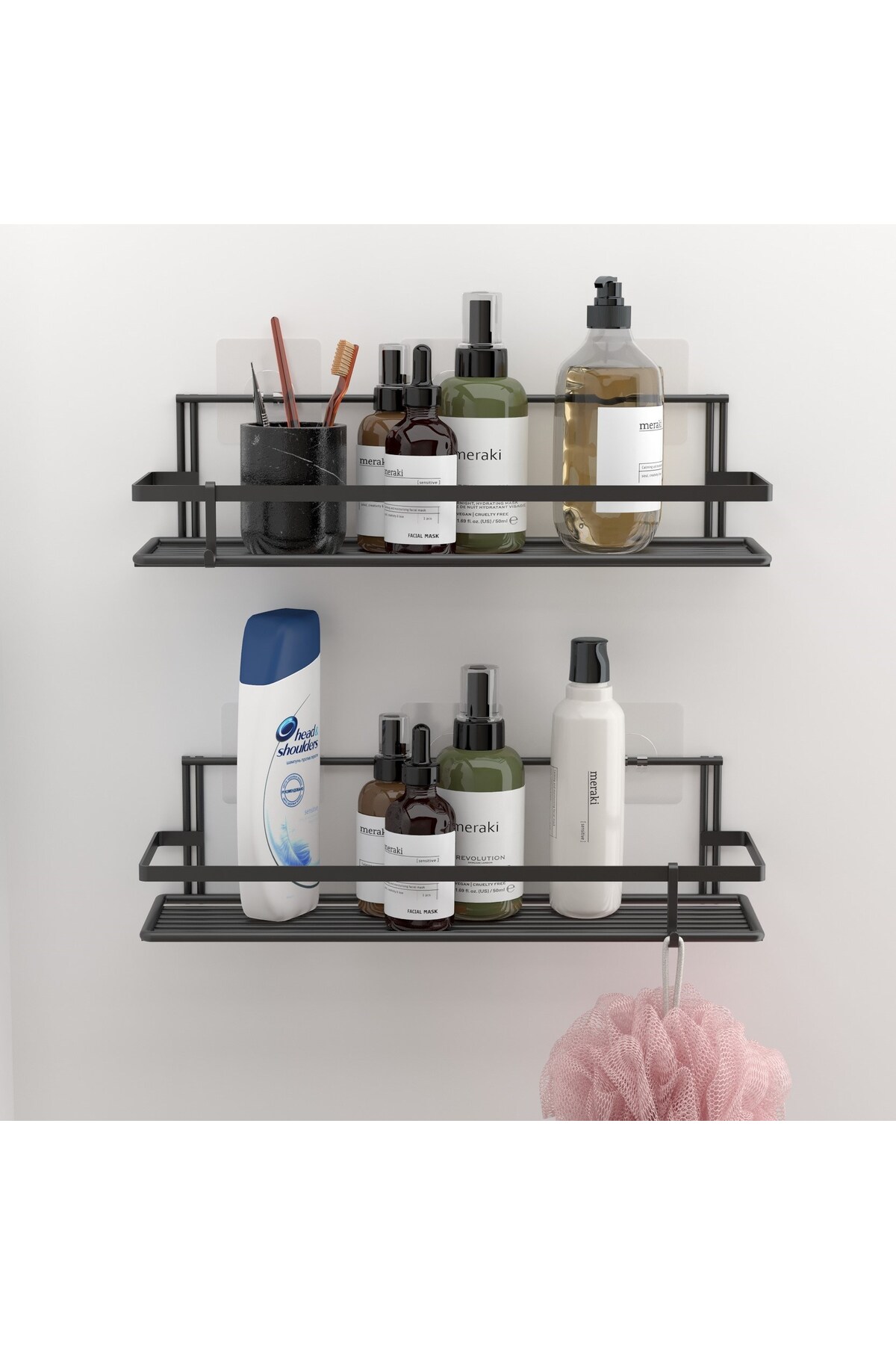 Technotel Organizer Shampoo Holder with Adhesive,Hook 2 Pieces Kitchen Bathroom Shelf Matte Black ST264H