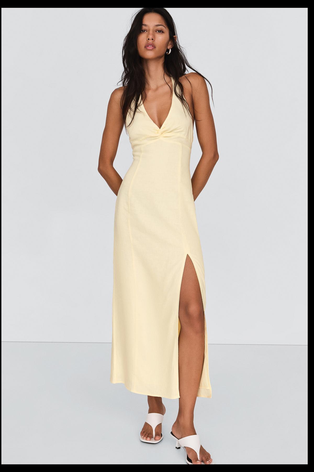 Bershka  Ketenli halter midi elbise - Görsel 6