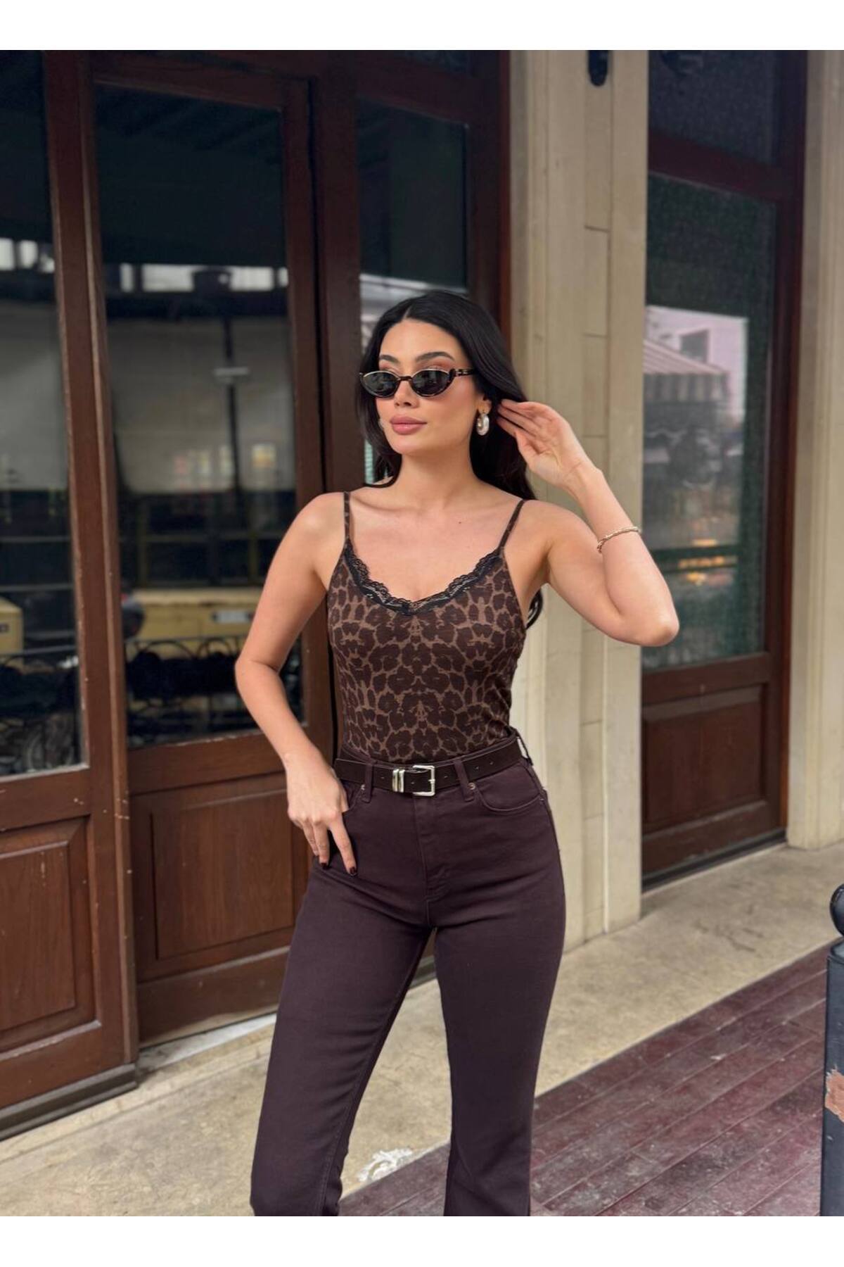 İLKCET MODA Leopar Desenli Transparan Dantel Detay Bluz görsel 7
