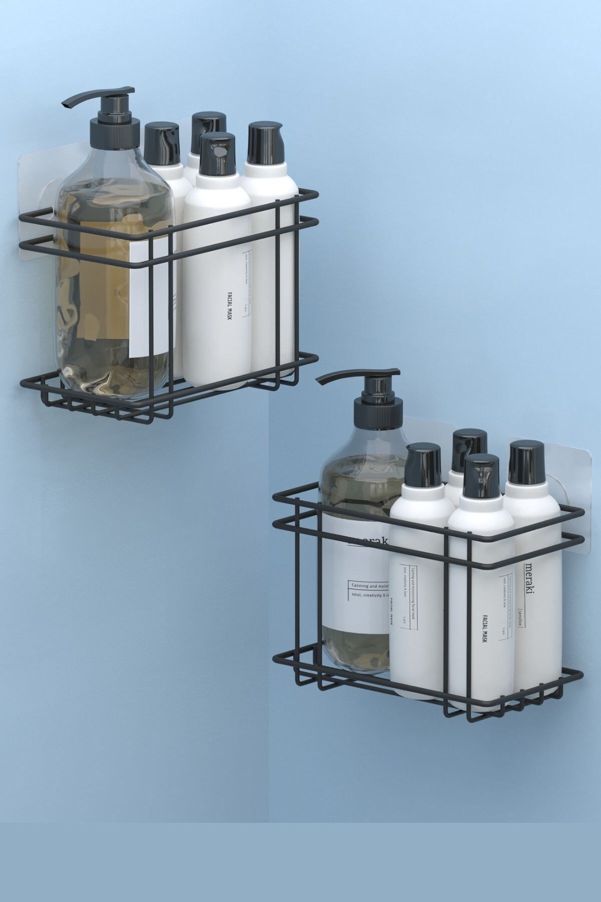 Technotel Adhesive 2 Pieces Bathroom&Kitchen Shelf Shampoo Holder Matte Black ST316