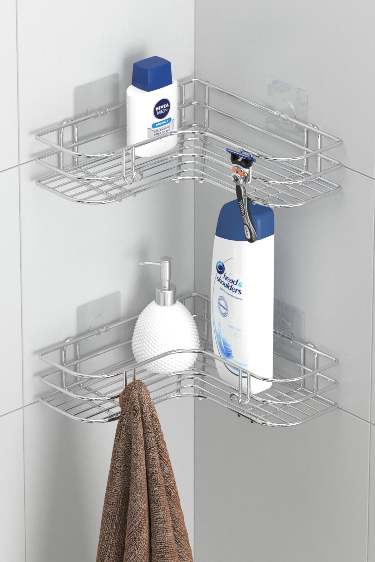 Technotel Adhesive Hooked 2 Pieces Bathroom Corner Shelf Shampoo Holder Chrome ST276