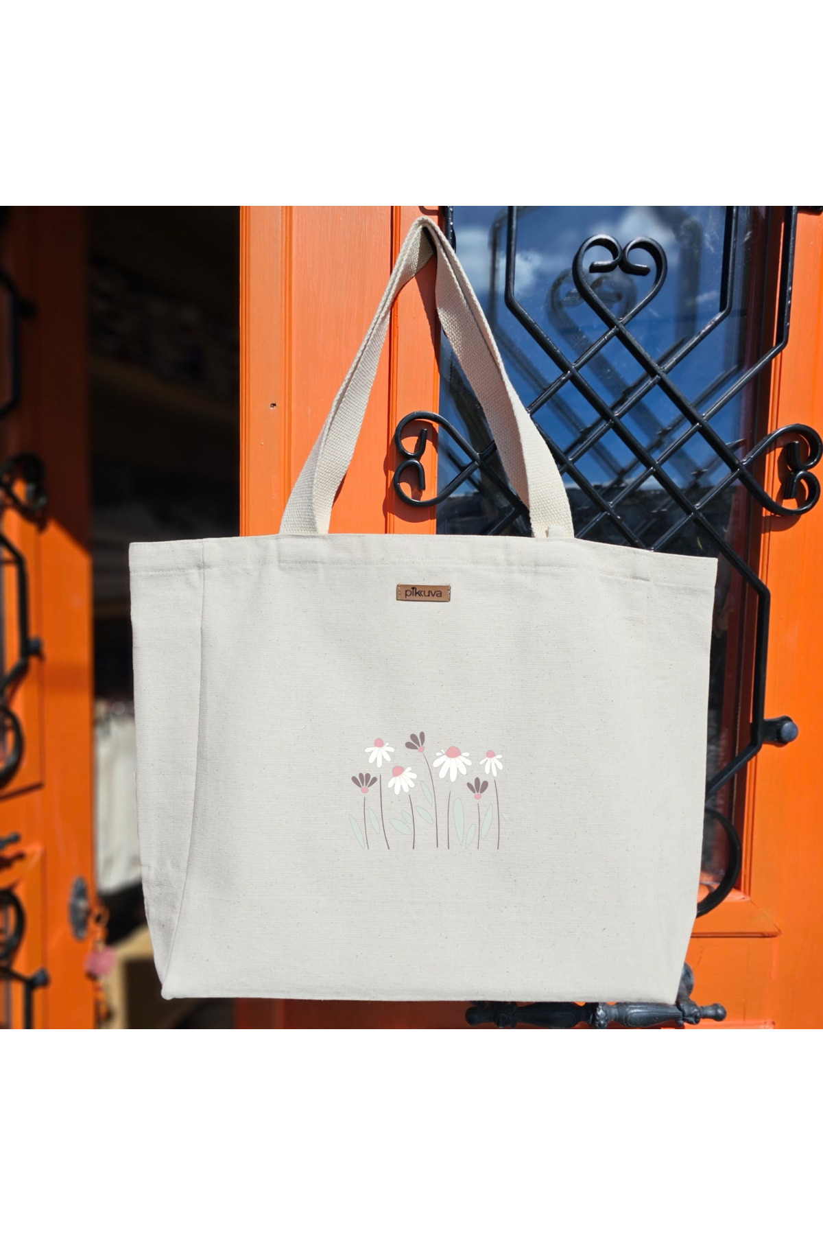 Pikkuva  Pembe Çiçekler ve Yeşil Yapraklar Baskılı Naturel Kanvas Bez Çanta Sap Beyaz Cırt Cırtlı - Küçük