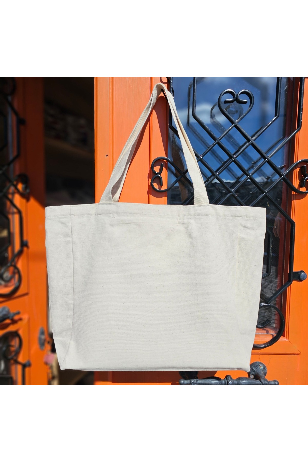 Pikkuva  Pembe Çiçekler ve Yeşil Yapraklar Baskılı Naturel Kanvas Bez Çanta Sap Beyaz Cırt Cırtlı - Küçük - Görsel 3