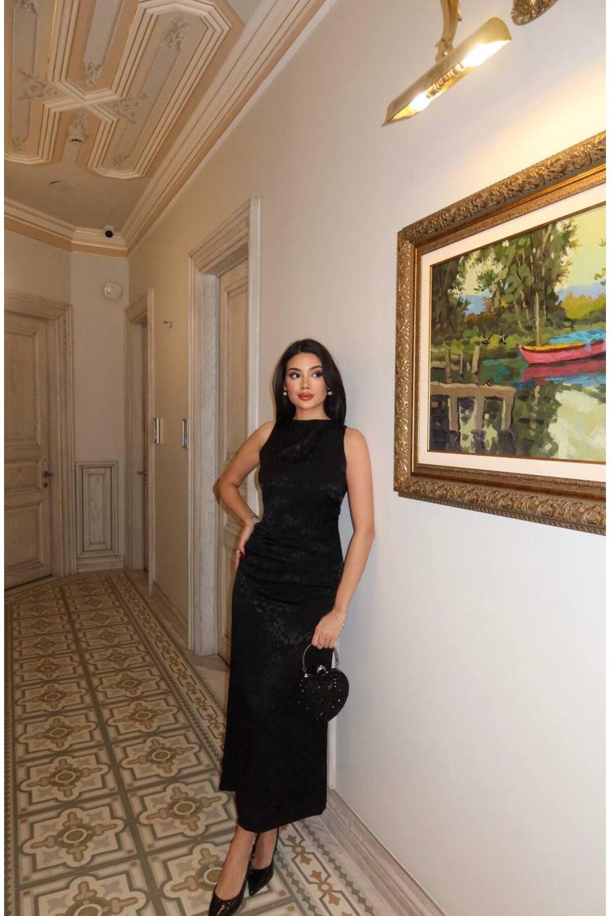 İLKCET MODA Saten Siyah Leopar Desenli Uzun Elbise görsel 6
