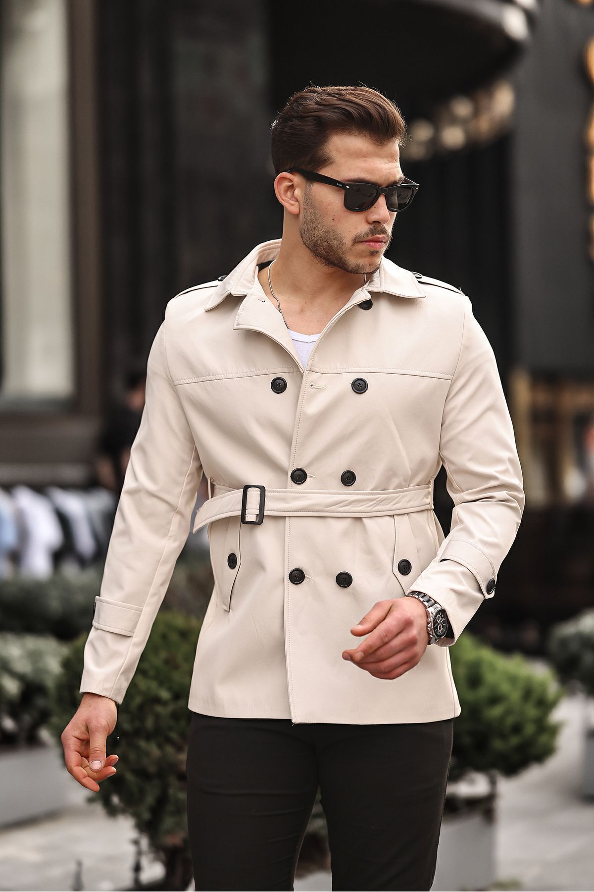 Mero Life  Erkek Krem Mevsimlik Astarlı Kemerli Kruvaze Trençkot - Görsel 4
