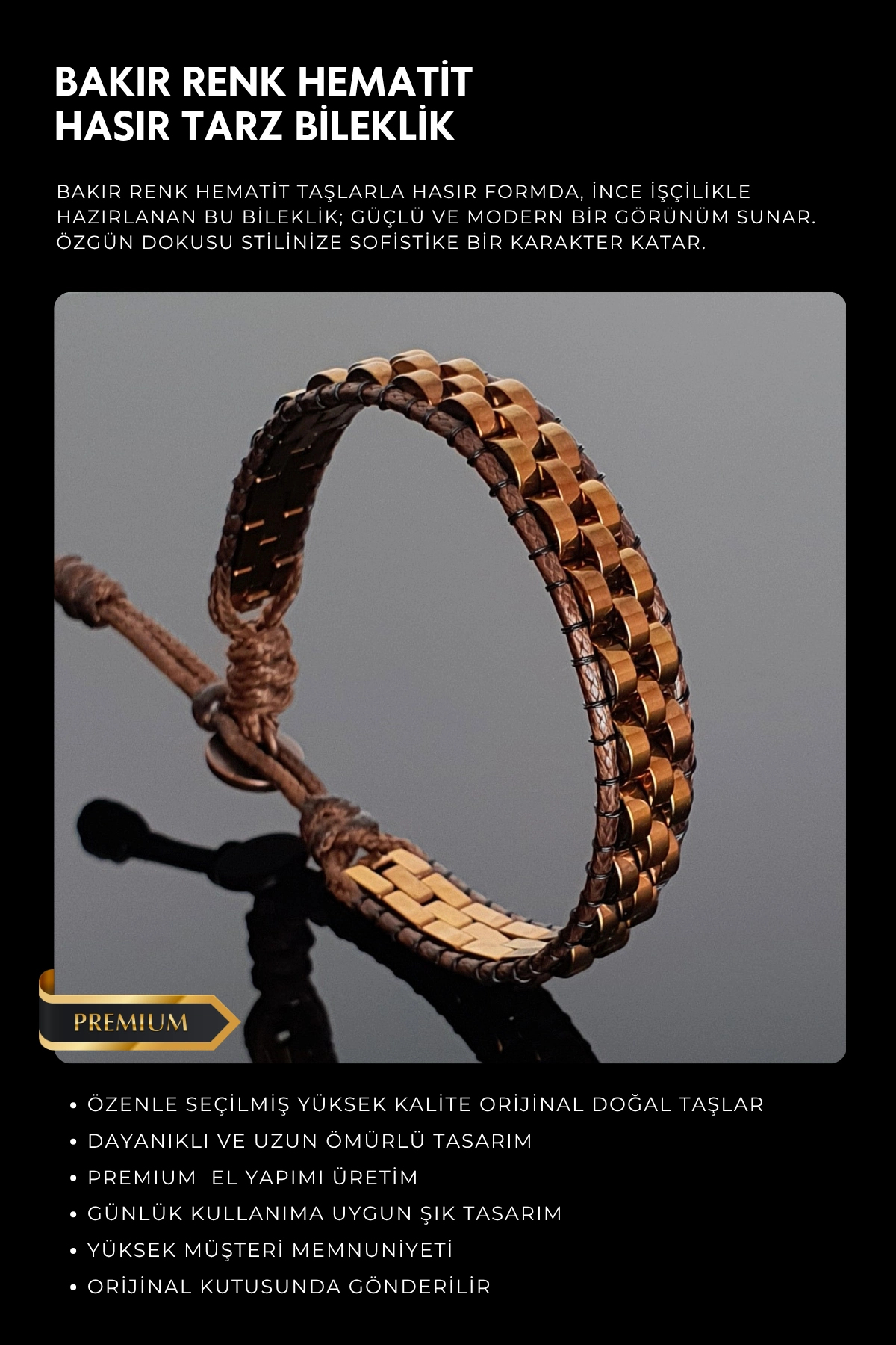 Natural Stone / Hematite Bracelet / Wicker Style Bracelet / Copper Color Bracelet / Men's Bracelet / Women's Bi