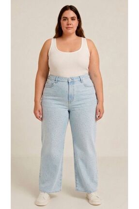 nd jeans KADIN-BÜYÜK BEDEN JEANS GENİŞ PAÇA SERPME TAŞLI KOT PANTOLON-Buz