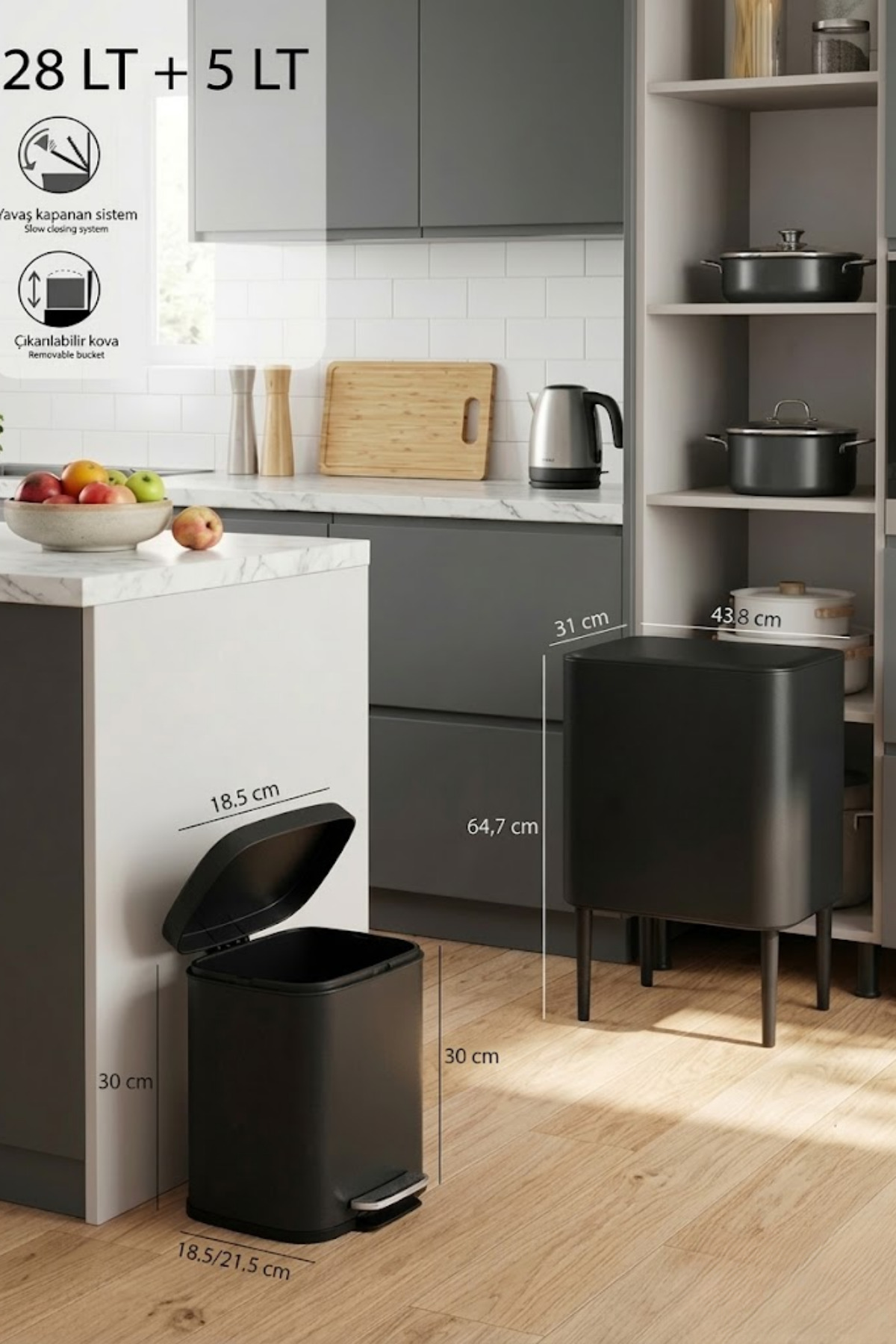 NOVA 28 Lt Metal Touch Dustbin + 5 Lt Pedal Dustbin Matte Black Kitchen Dustbin Set