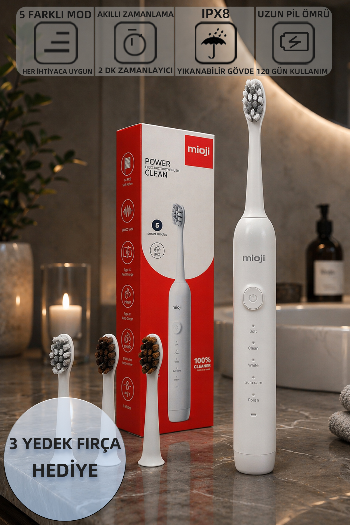 Mioji Oral B1 Şarj Edilebilir IPX8 5 Modlu Diş Fırçası Beyaz + (3 Yedek Başlık Hediye) - Fiyatı, Yorumları