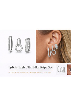 ADELYA CONCEPT Işıltılı Taşlı 3lü Halka Küpe Seti