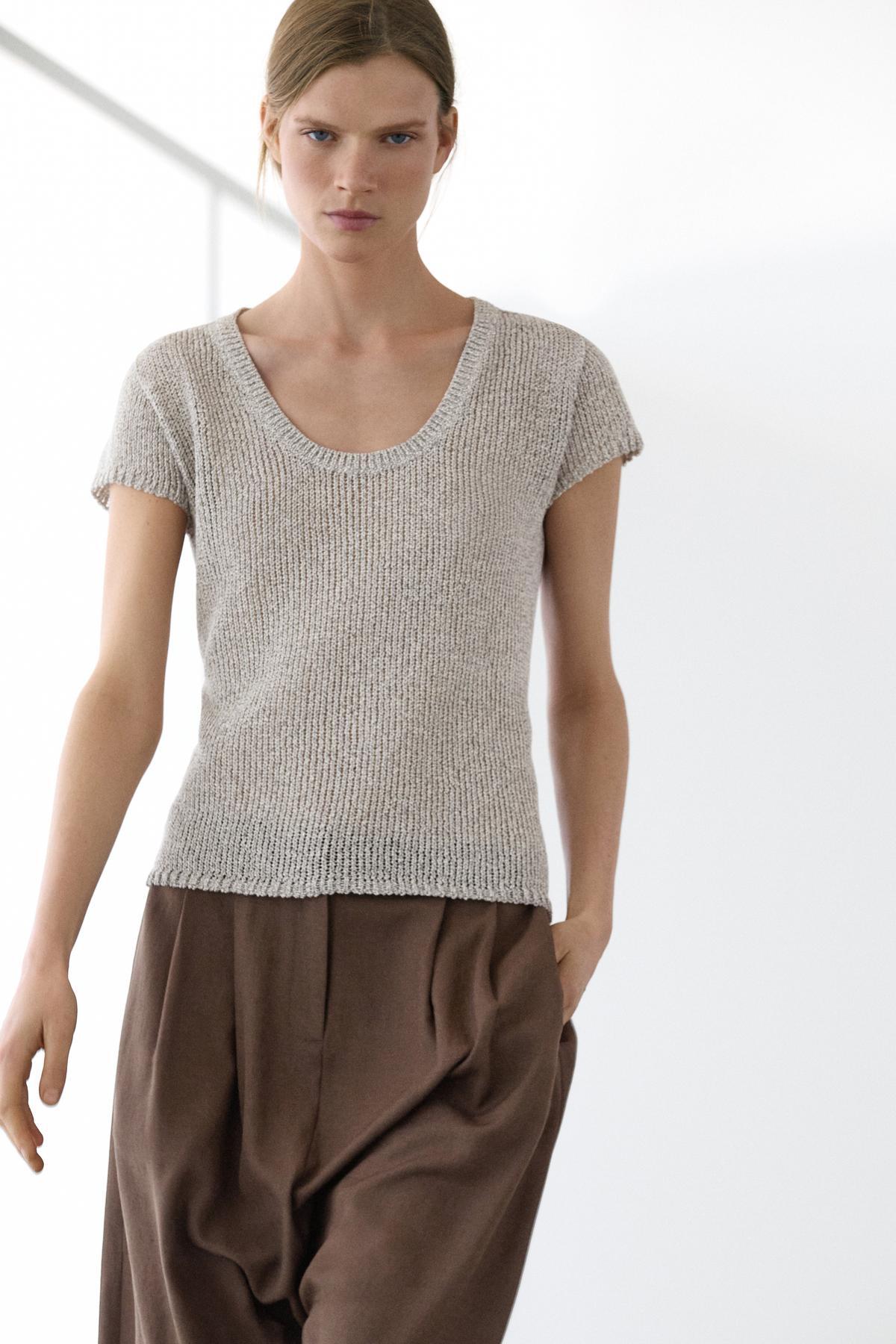 Massimo Dutti  İplik detaylı kısa kollu triko kazak