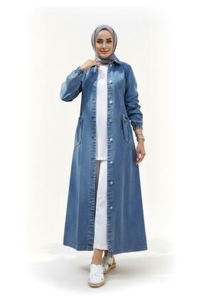 Hb Harma Time Butik Kadın Düğmeli Cepli Kar Yıkamalı Denim Mavi Kot Kap