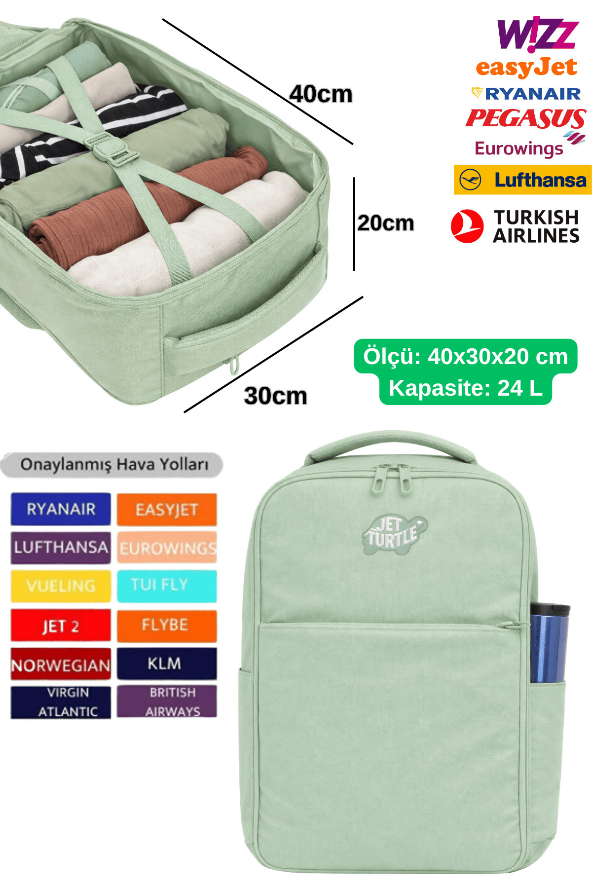 Jet Turtle  Seyahat Sırt Çantası 40cm 40x30x20 cm Pegasus, Wizz Air, Ryanair, El Valizi Koltuk Altı Valizi