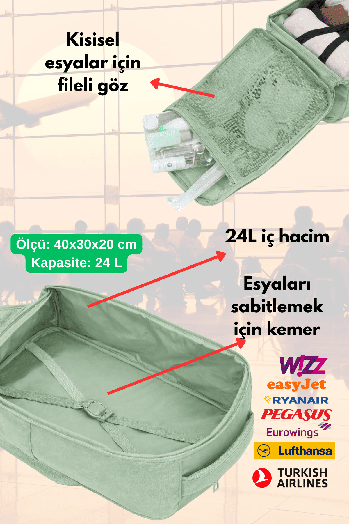 Jet Turtle  Seyahat Sırt Çantası 40cm 40x30x20 cm Pegasus, Wizz Air, Ryanair, El Valizi Koltuk Altı Valizi - Görsel 3