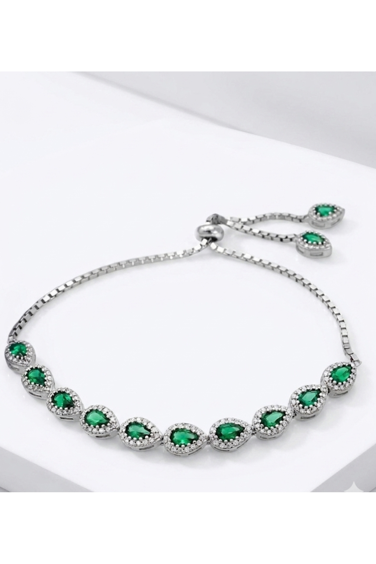 byess  925 Ayar Gümüş Yeşil Taşlı Damla Asansör Bileklik