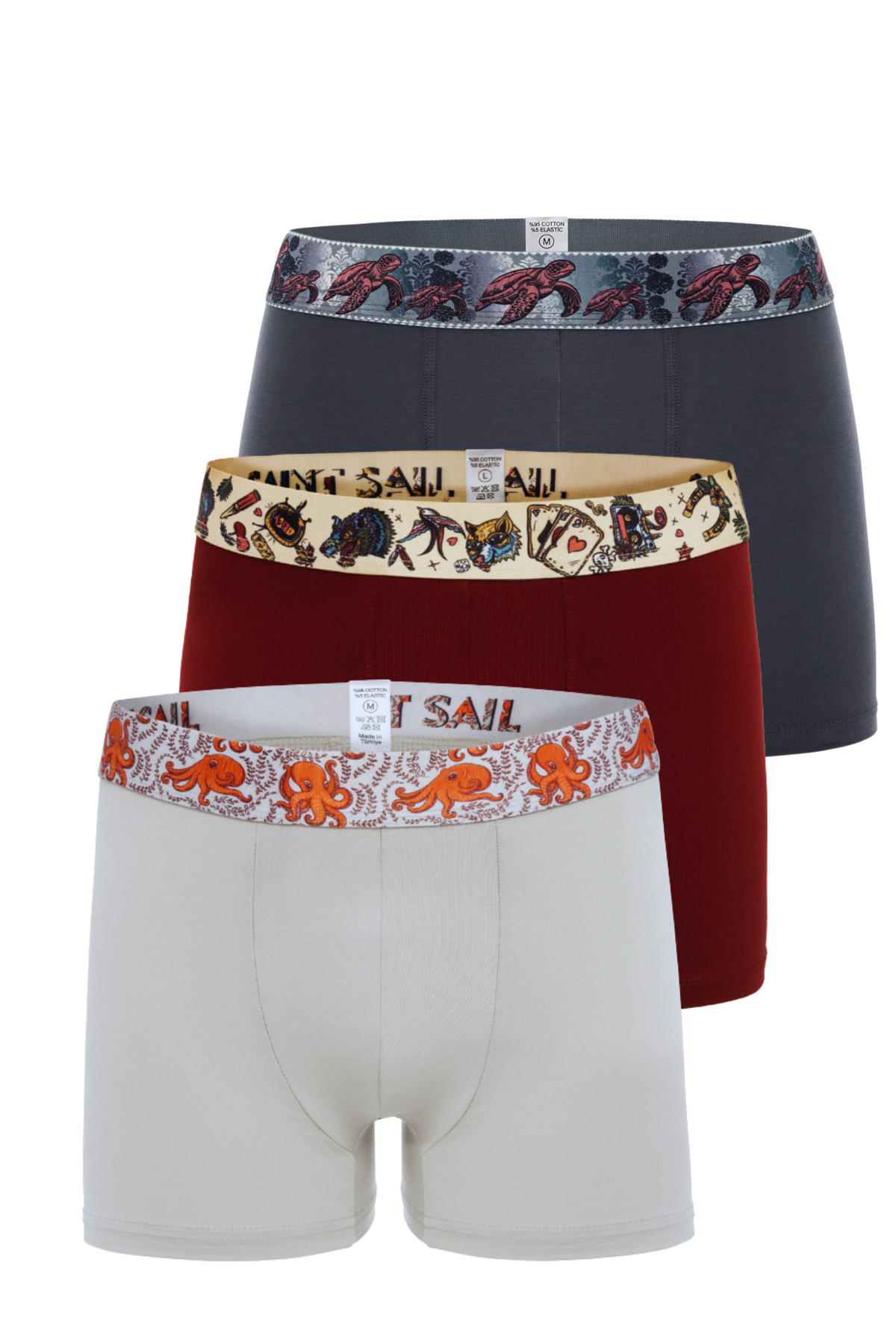 Saint Sail Pamuklu Likralı Esnek Kumaşlı Baskılı Renkli Desenli 3'lü Set Erkek Boxer