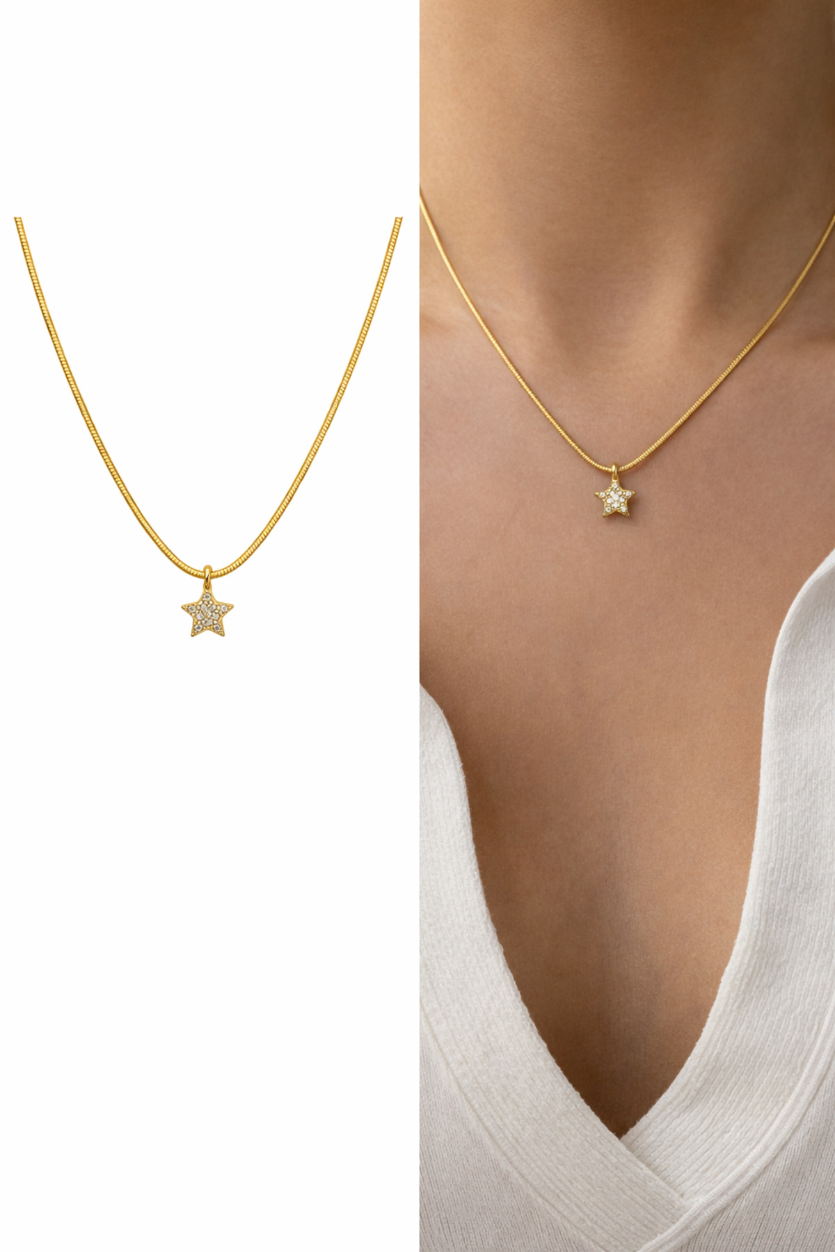 Taşlı Yıldız Charm Altın Kaplama Gold Kadın Kolye (45 cm) – Sevgililer Günü Özel