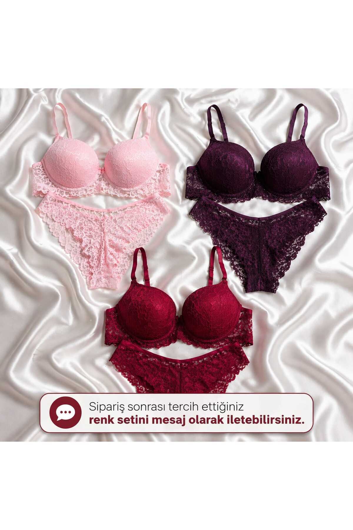 SOLENIA  Kadın Dantelli Yoğun dolgulu Push-up Balkonet 3'LÜ Takım Seti -KIRMIZI-BEYAZ-SİYAH/ MOR-BORDO-EKRU - Görsel 3