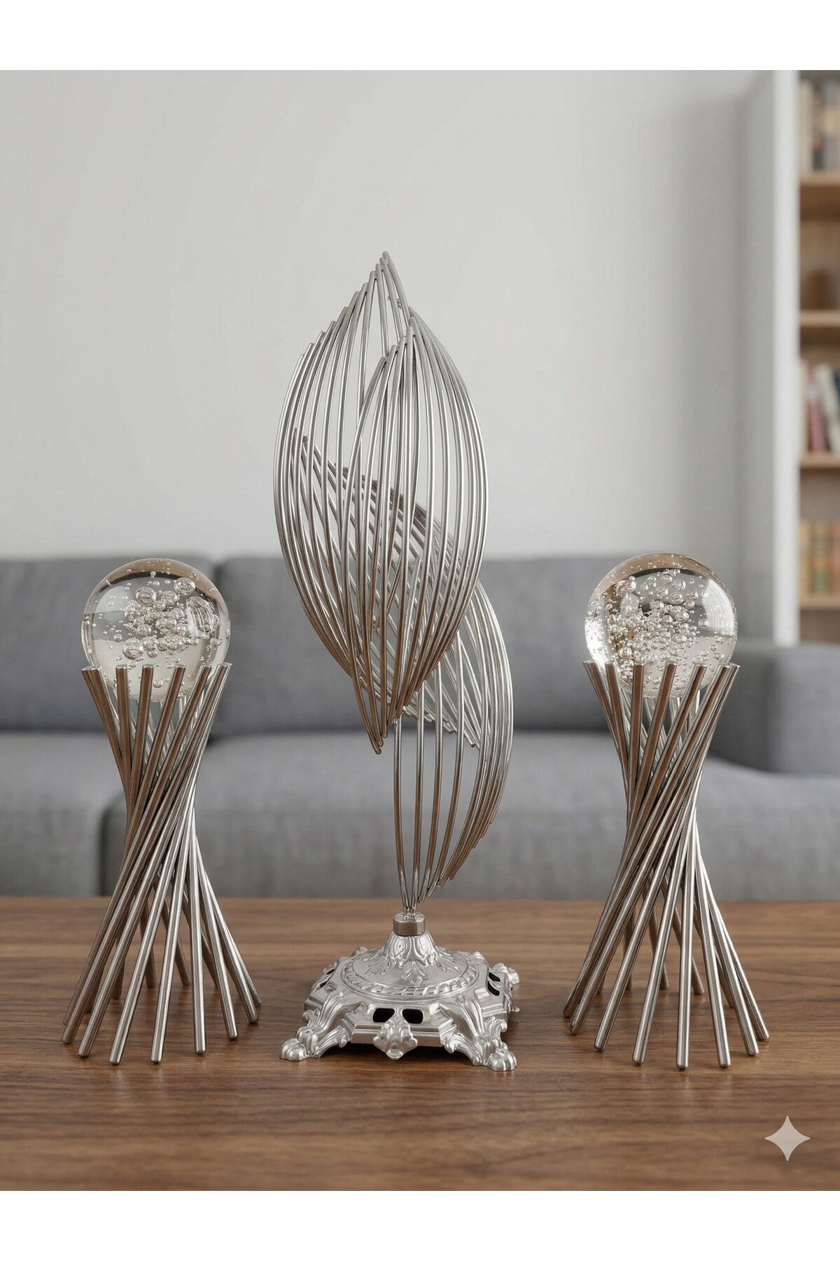 Set of 3: 2 Augers and 1 Helical Decoration Object with Silver Color Metal Design