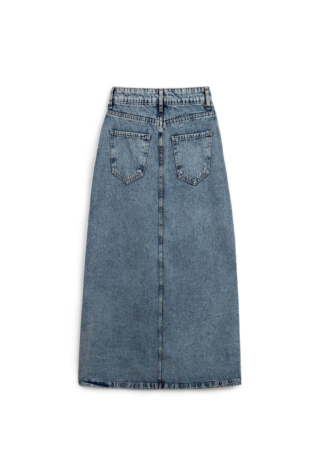 praye Uzun Çan Denim Etek Eskitme Kot görsel 2