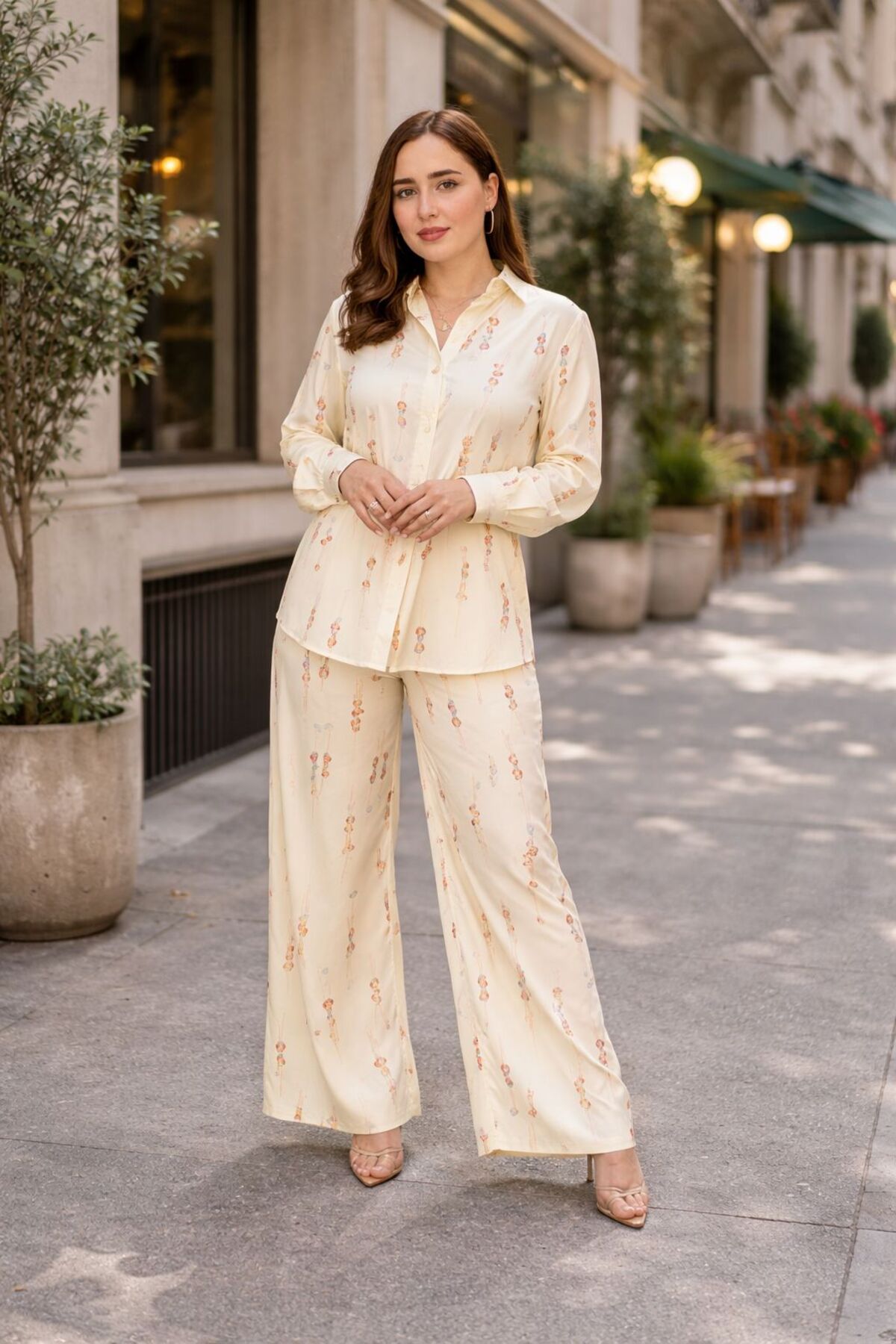 LINELLE Ladies Co-ord Pant Set- Minimal Printed Shirt and Pant with Long Slee...