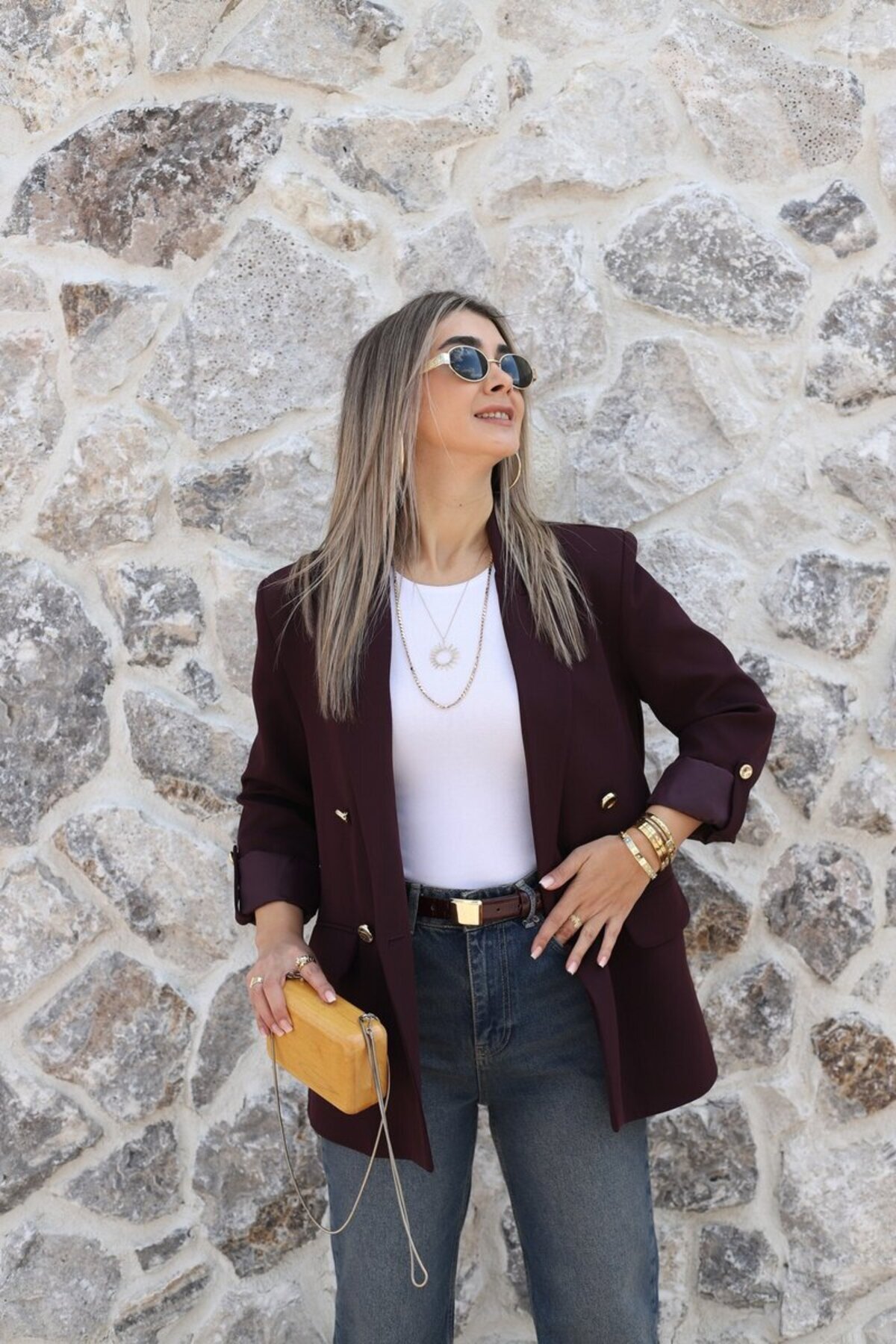 bytugcekaya  Mürdüm Kolu Katlı Gold Düğmeli Blazer