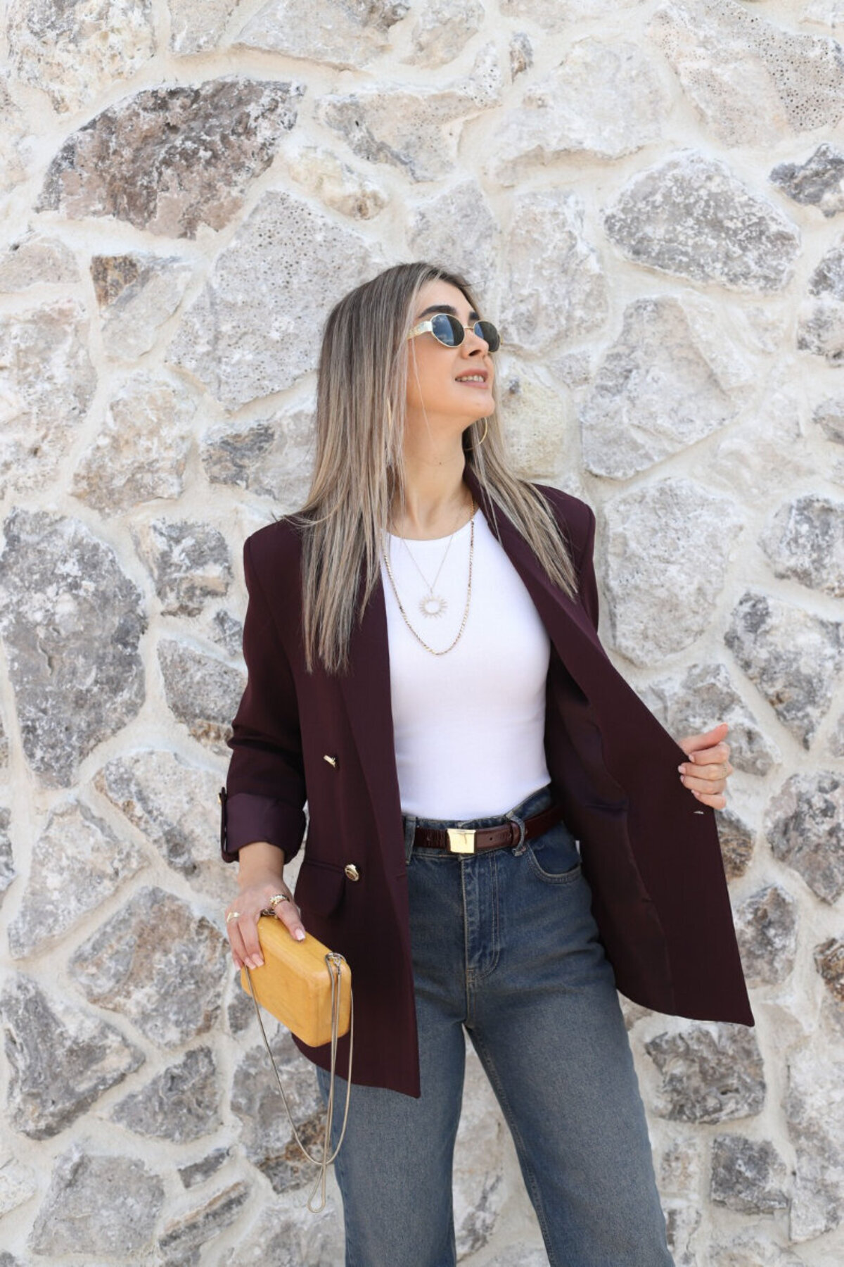 bytugcekaya  Mürdüm Kolu Katlı Gold Düğmeli Blazer - Görsel 2