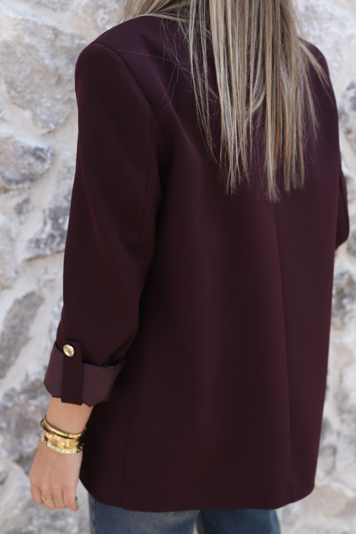 bytugcekaya  Mürdüm Kolu Katlı Gold Düğmeli Blazer - Görsel 4