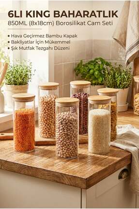 ERKUGO 6'lı Vakumlu Bambu Kapaklı Cam Baharatlık Seti 850 ml - 8x18 cm King B...