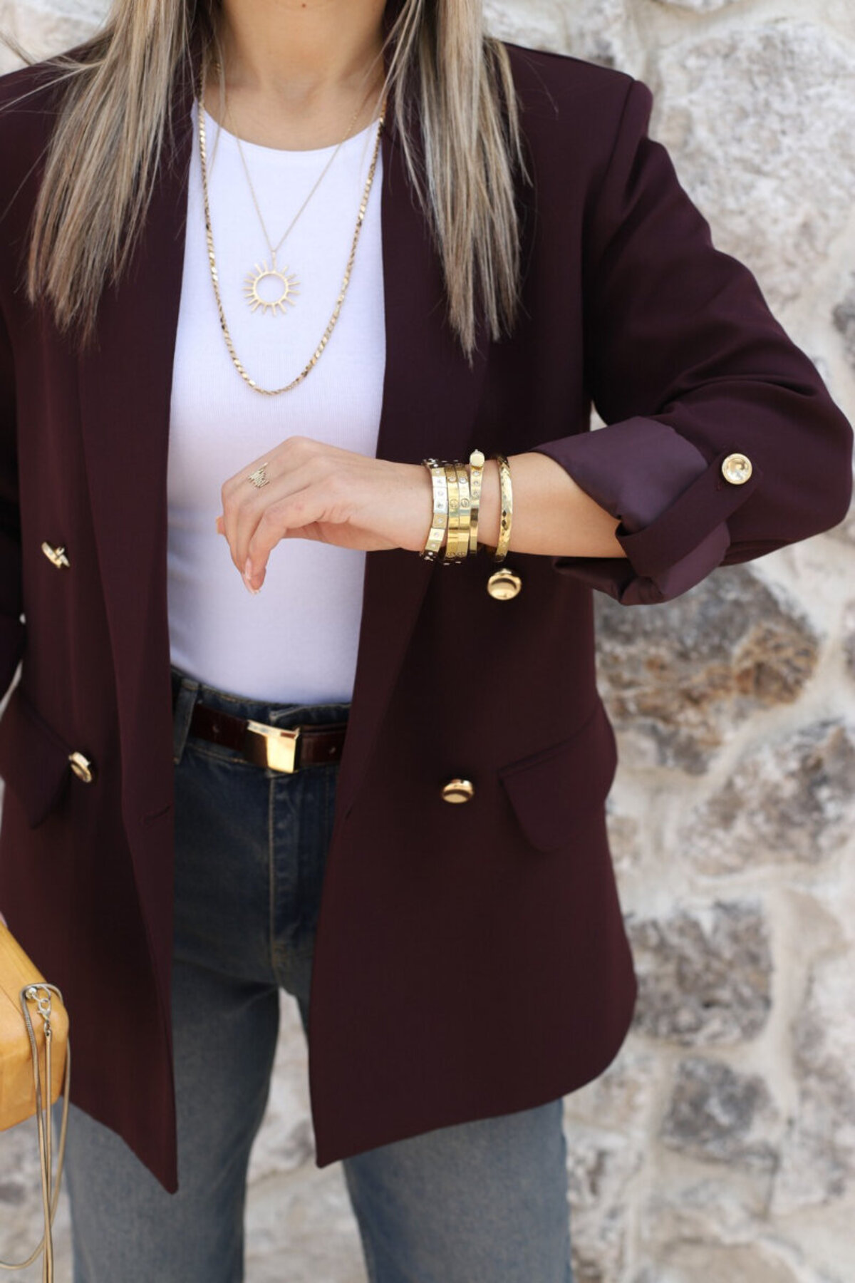 bytugcekaya  Mürdüm Kolu Katlı Gold Düğmeli Blazer - Görsel 3