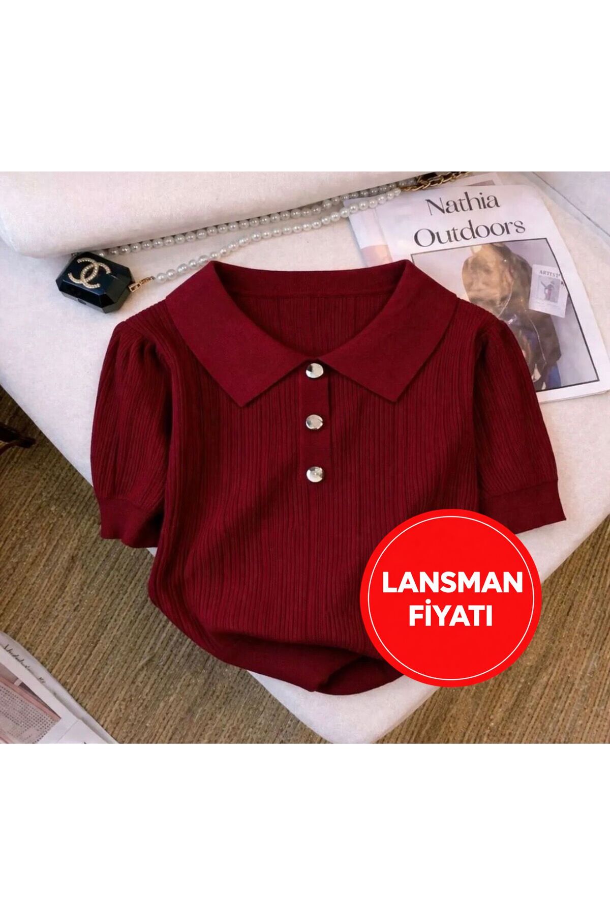 nathia outdoors  Triko Örme Gümüş Gri Düğme Detaylı Bordo Kadın T-Shirt