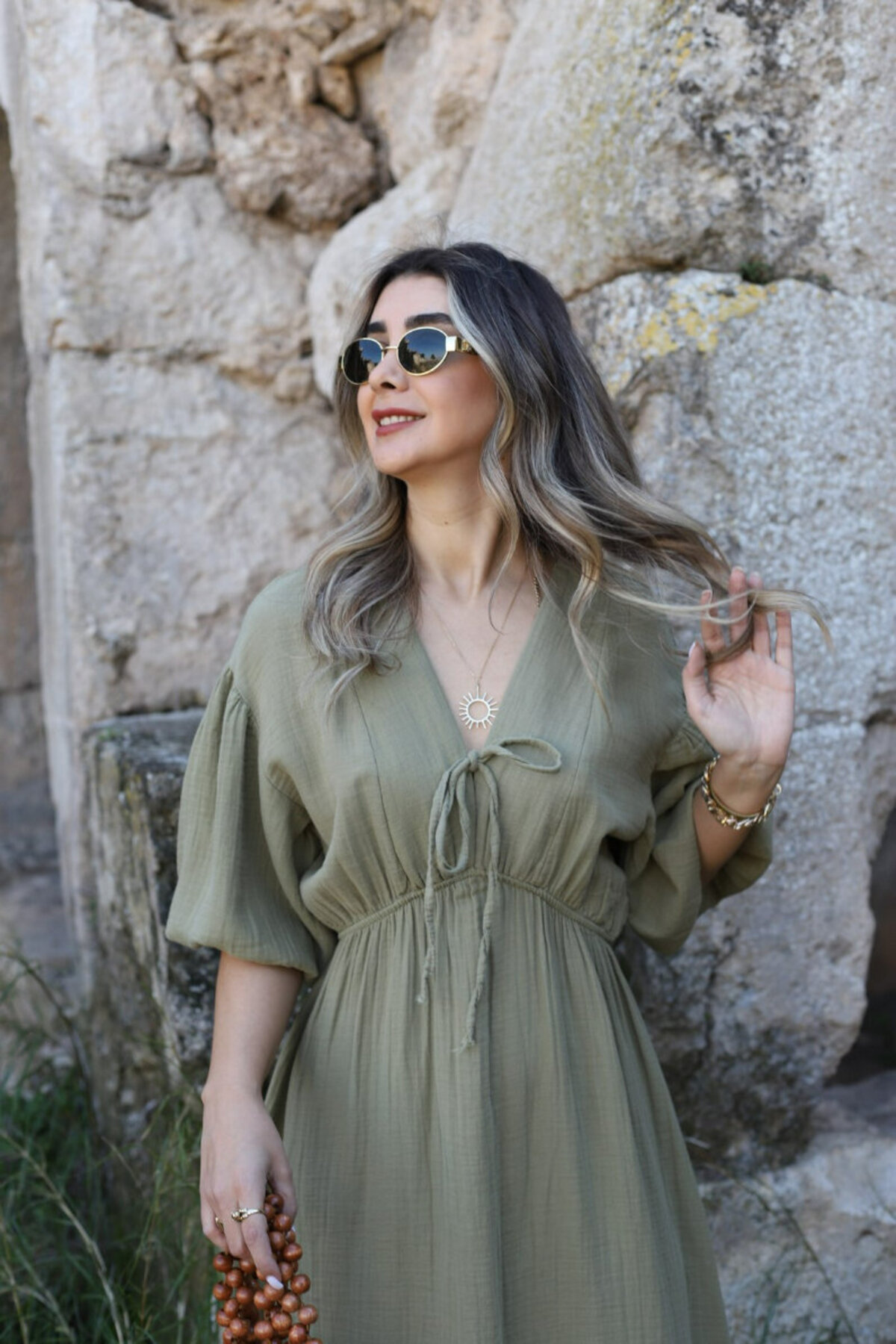 bytugcekaya  Haki Balon Kol Müslin Elbise - Görsel 3