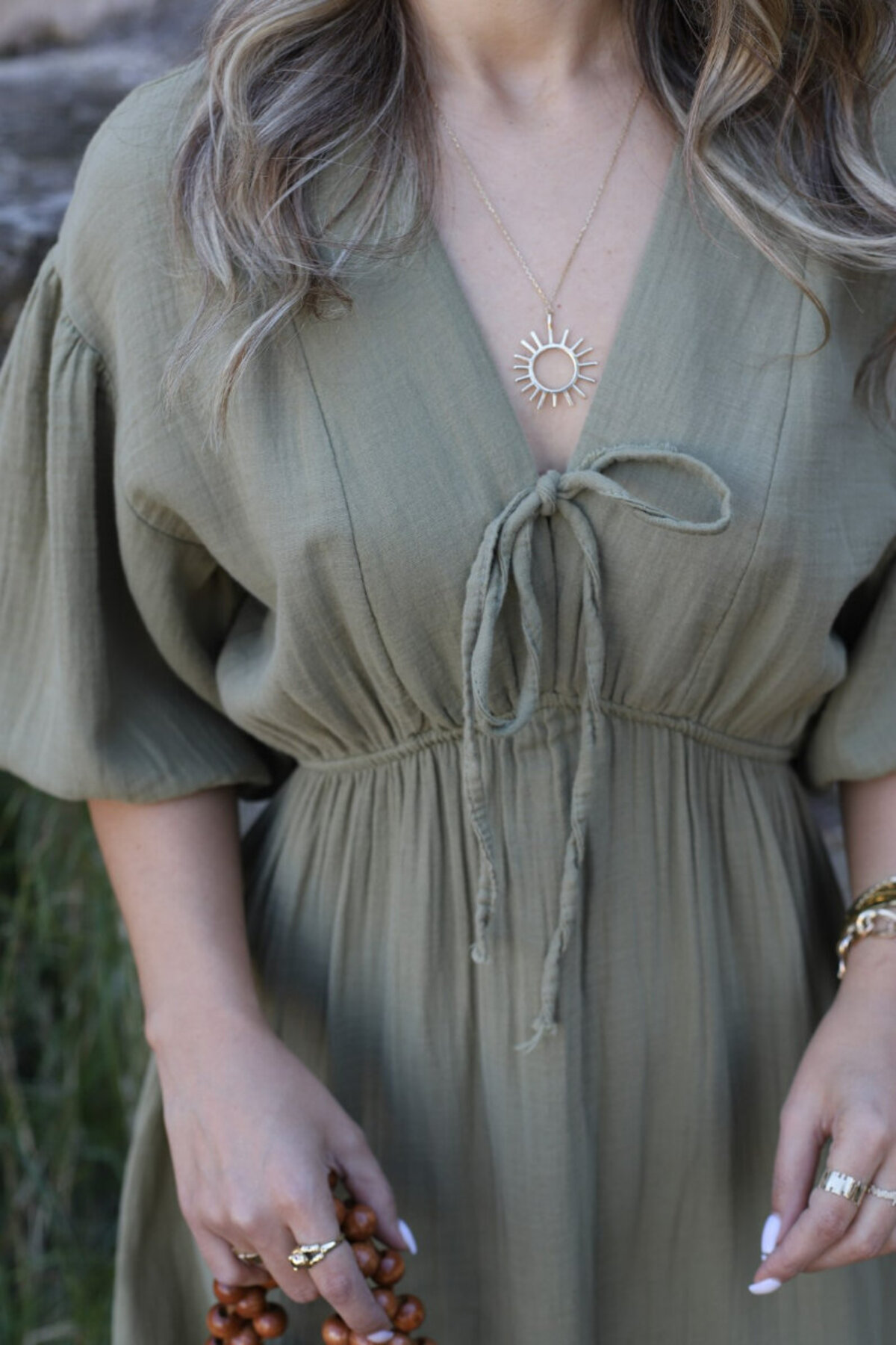 bytugcekaya  Haki Balon Kol Müslin Elbise - Görsel 5