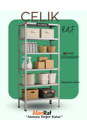 ALANRAF 6 Katlı Galvaniz Çelik Raf 31x75x200 cm Hırdavat, Market, Ofis, Banyo...