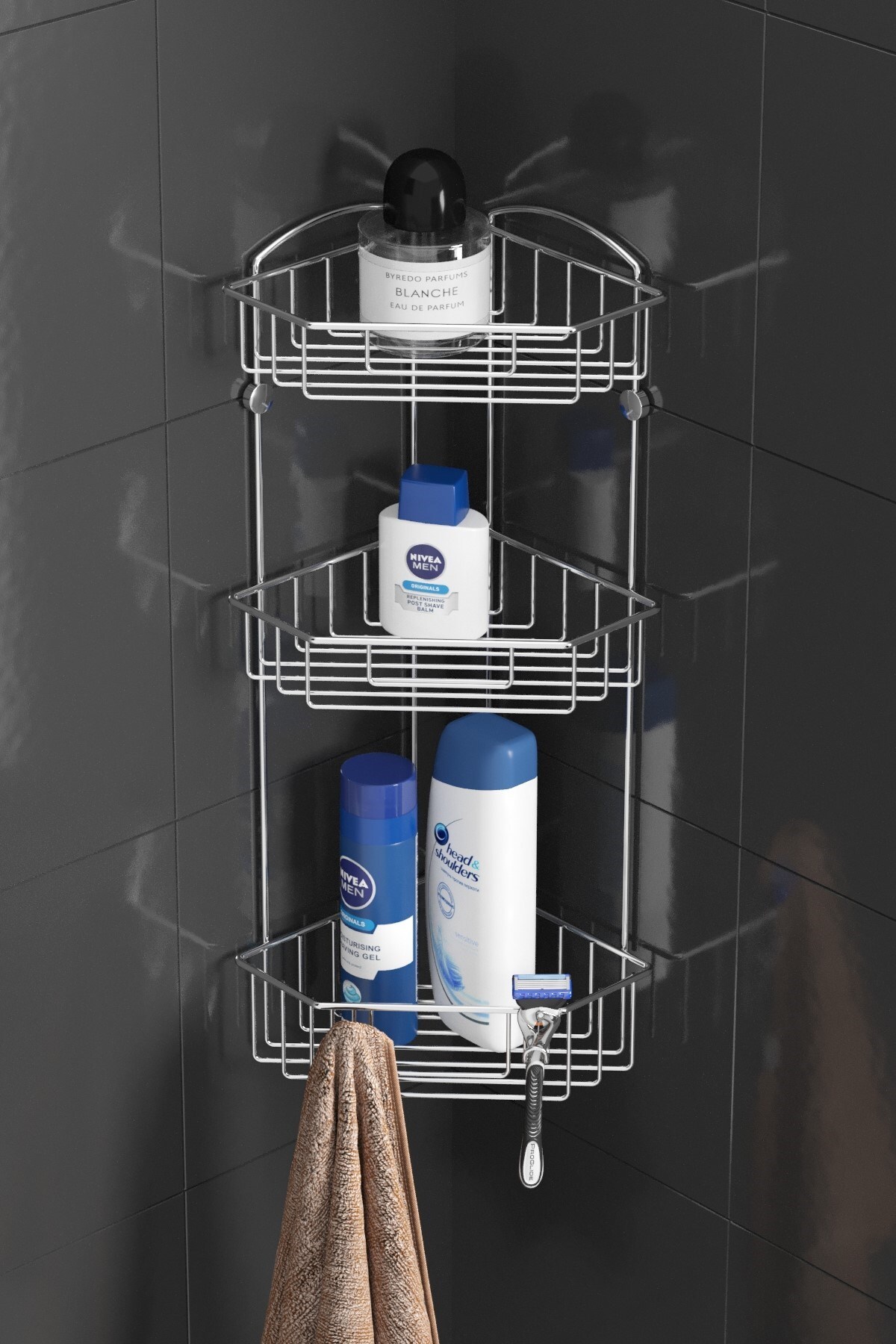 Teknotel Triple Layer Bathroom Corner Shelf with Hook for Shampoo Chrome ES093