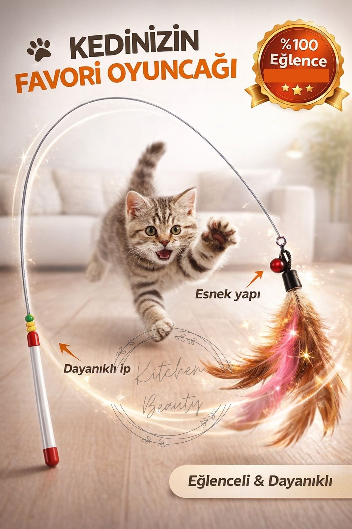 Kitchen Beauty Kedi Oyun Oltası 90 Cm Renkli Tüylü Kedi Oyuncağı - Fiyatı, Yorumları